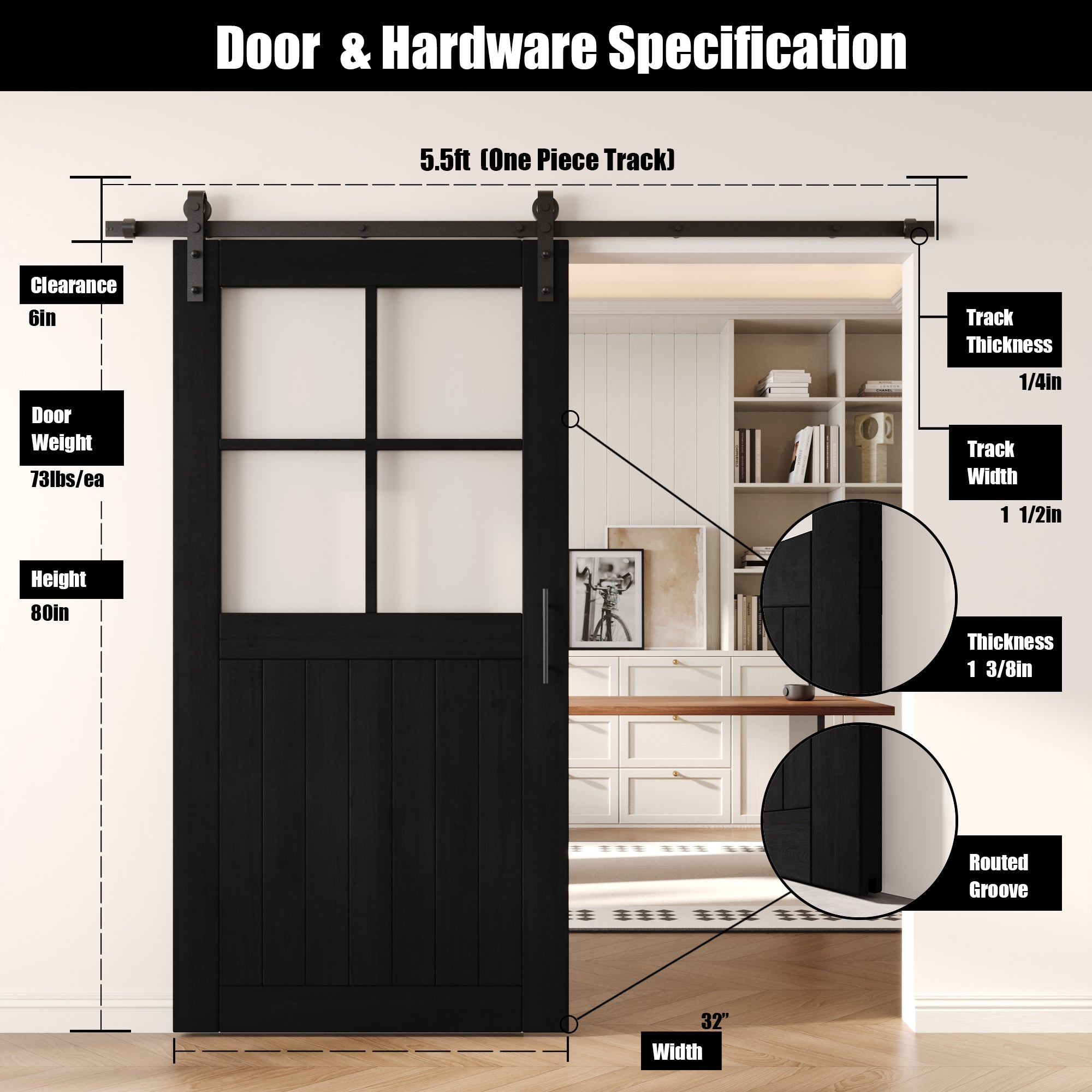 80" Height Black Half Lite Grid Glass Unassembled & Finished Pine Wood Barn Door with Non-Bypass Installation Hardware Kit (Interior Use Only)