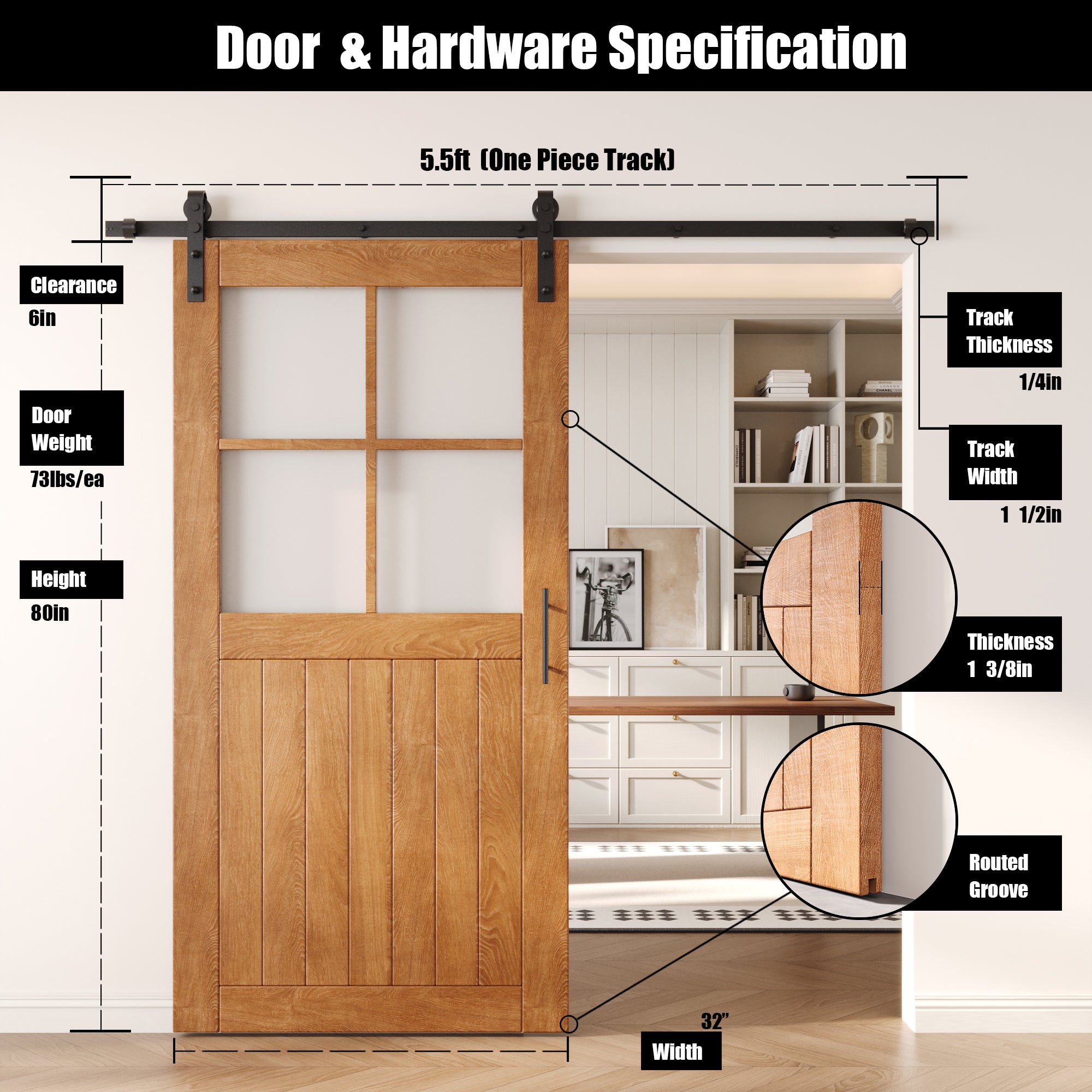 80" Height Early American Half Lite Grid Glass Unassembled & Finished Pine Wood Barn Door with Non-Bypass Installation Hardware Kit (Interior Use Only)