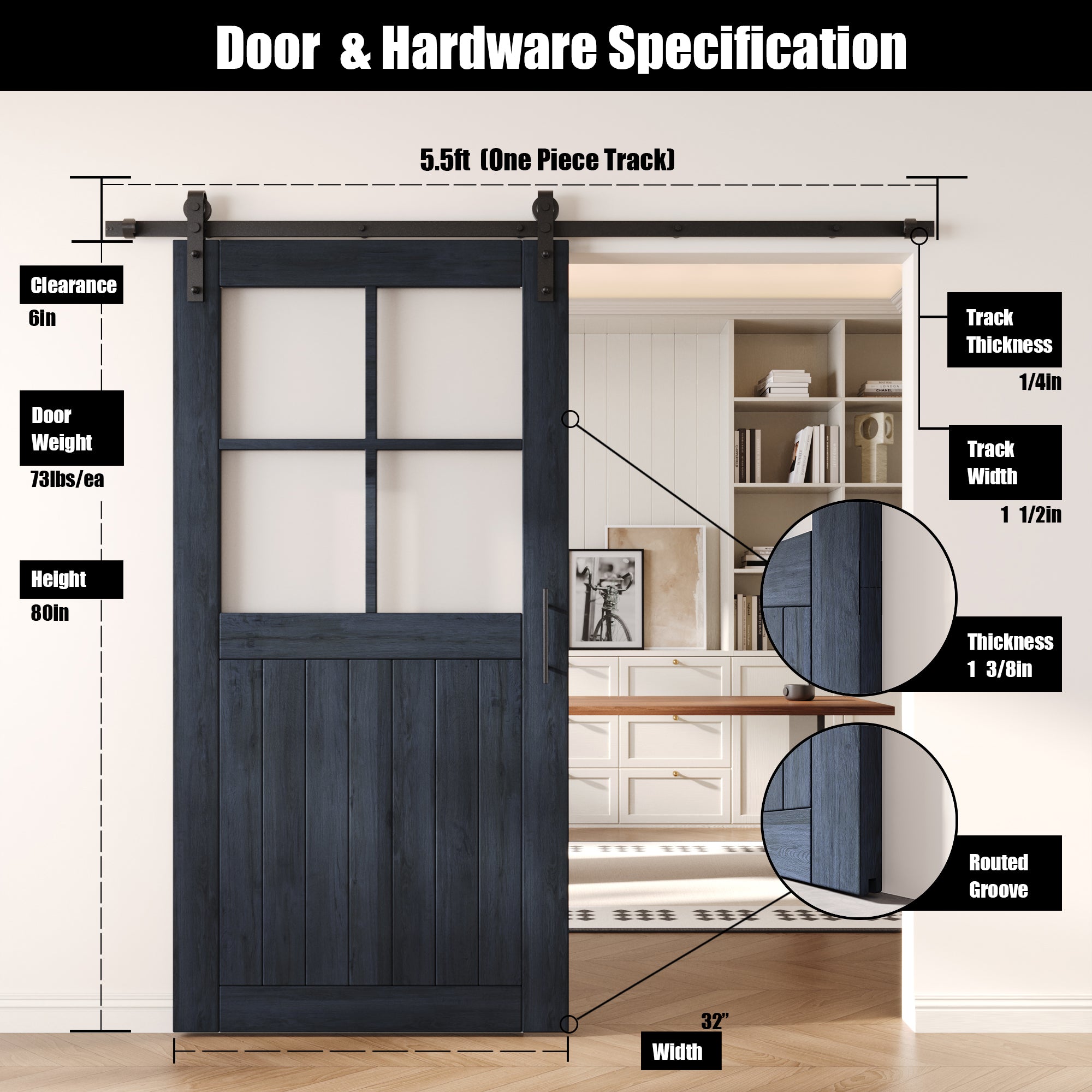 80" Height Navy Half Lite Grid Glass Unassembled & Finished Pine Wood Barn Door with Non-Bypass Installation Hardware Kit (Interior Use Only)