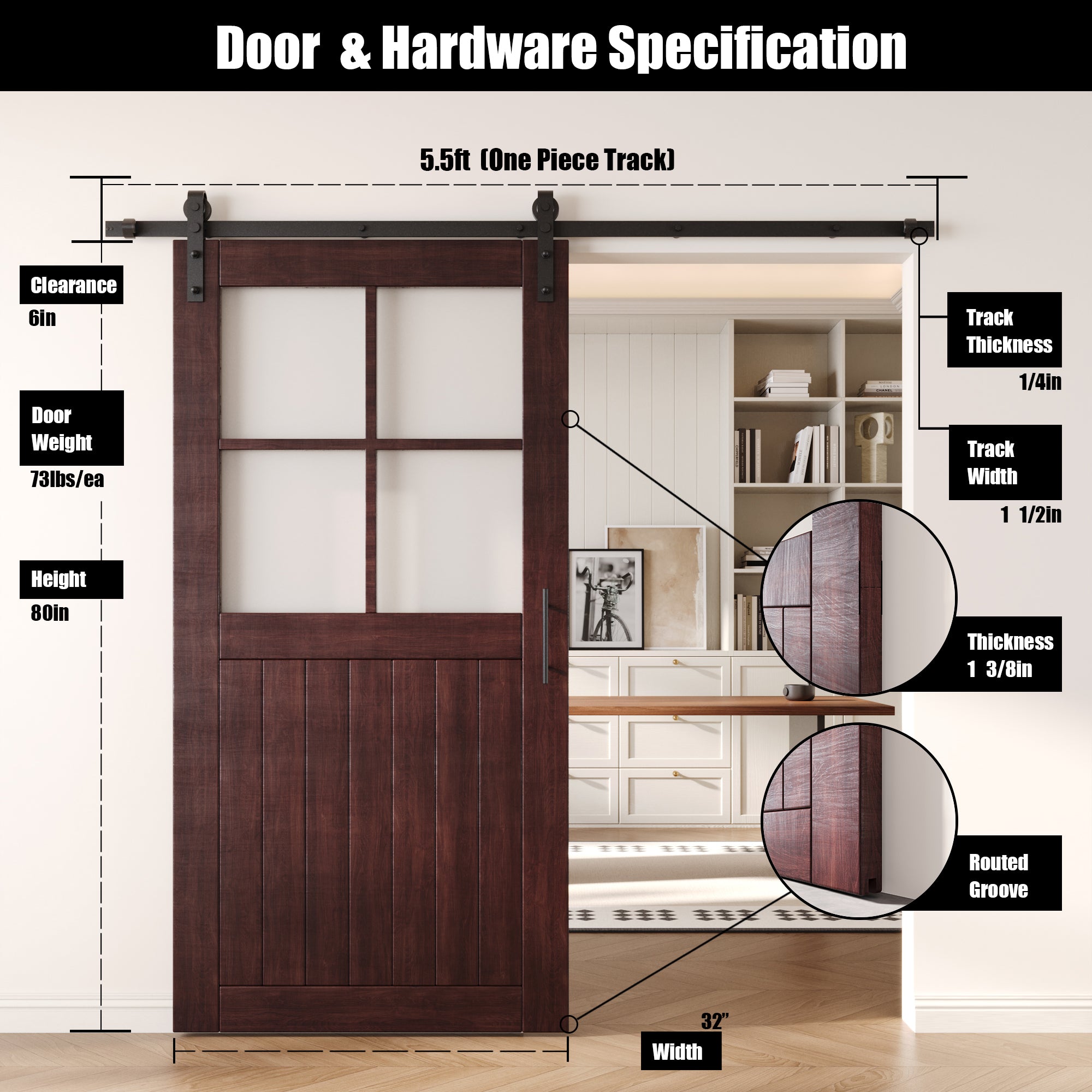 80" Height Red Mahogany Half Lite Grid Glass Unassembled & Finished Pine Wood Barn Door with Non-Bypass Installation Hardware Kit (Interior Use Only)