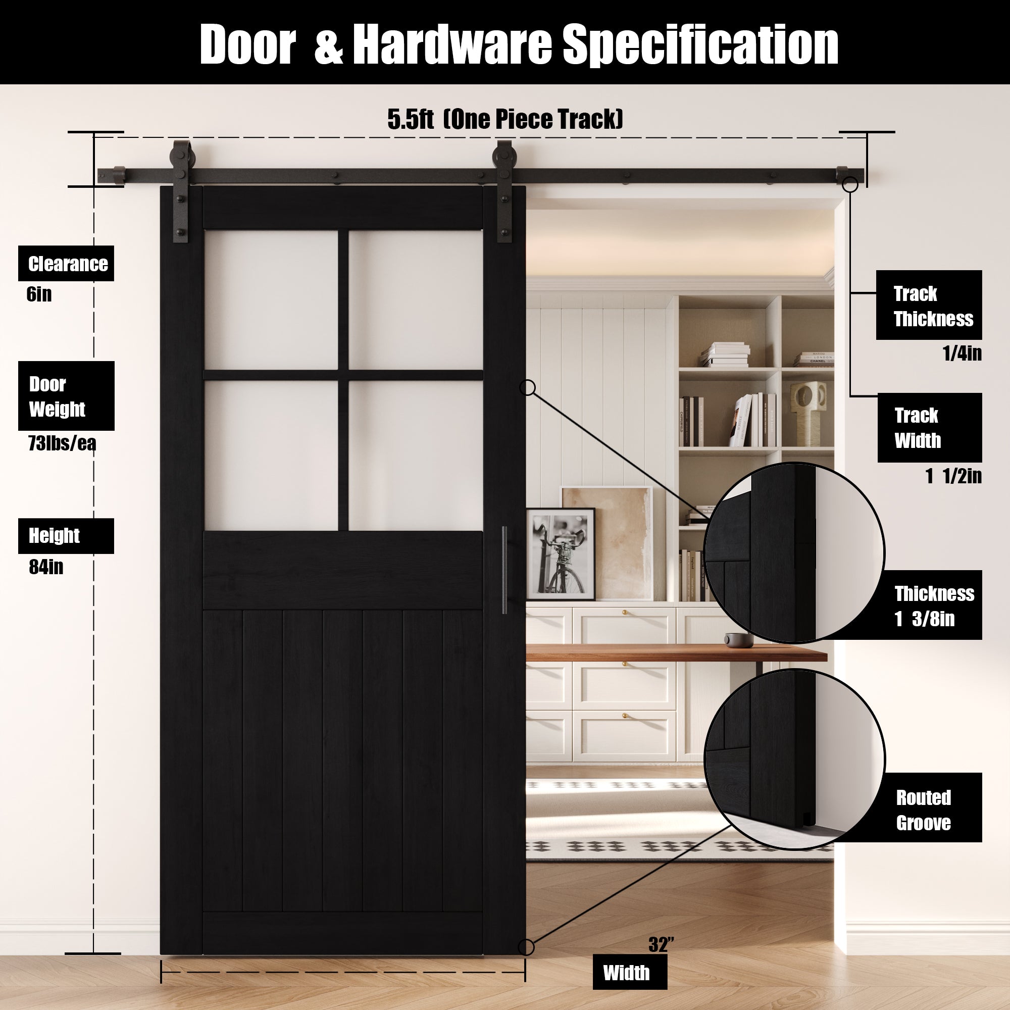 84" Height Black Half Lite Grid Glass Unassembled & Finished Pine Wood Barn Door with Non-Bypass Installation Hardware Kit (Interior Use Only)