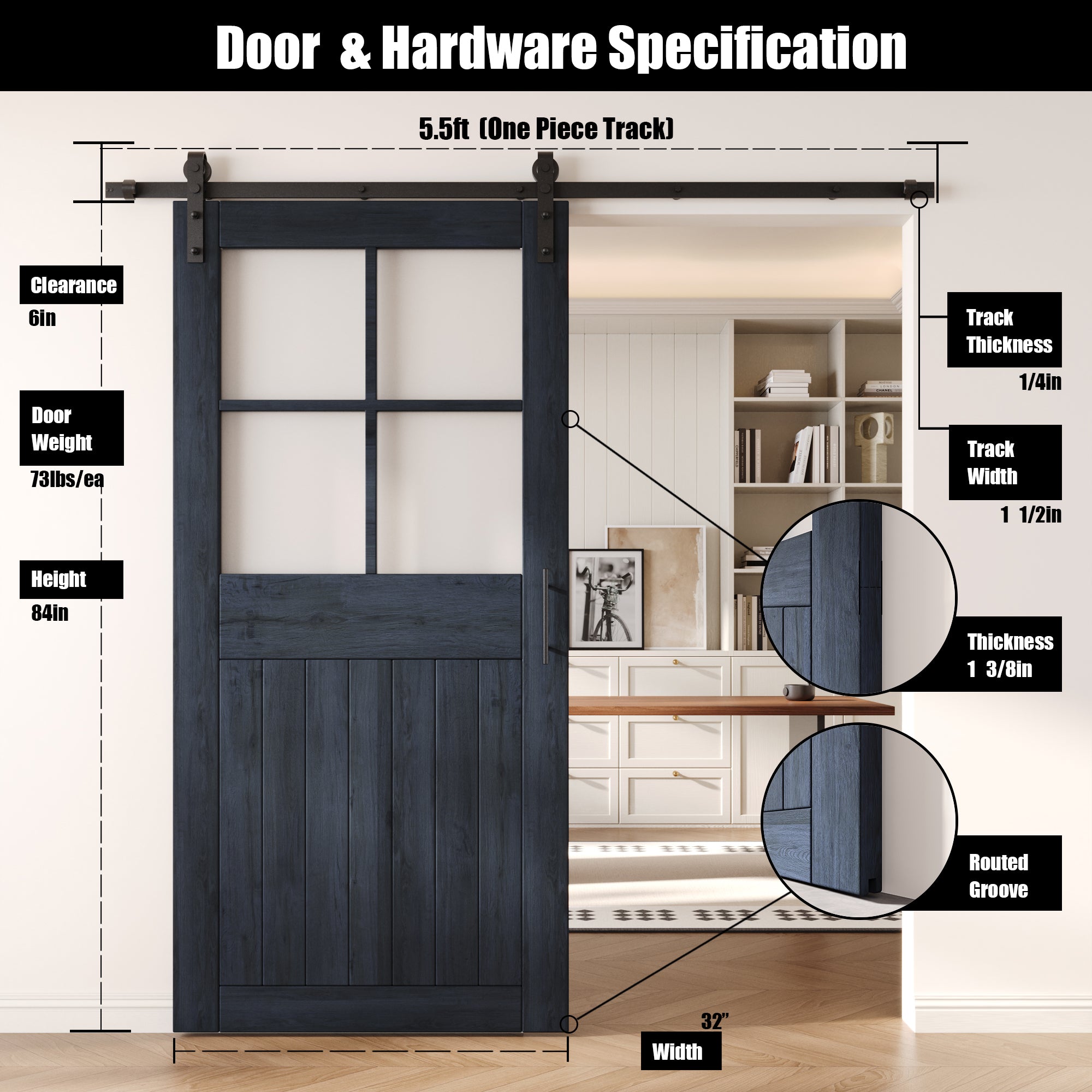 84" Height Navy Half Lite Grid Glass Unassembled & Finished Pine Wood Barn Door with Non-Bypass Installation Hardware Kit (Interior Use Only)