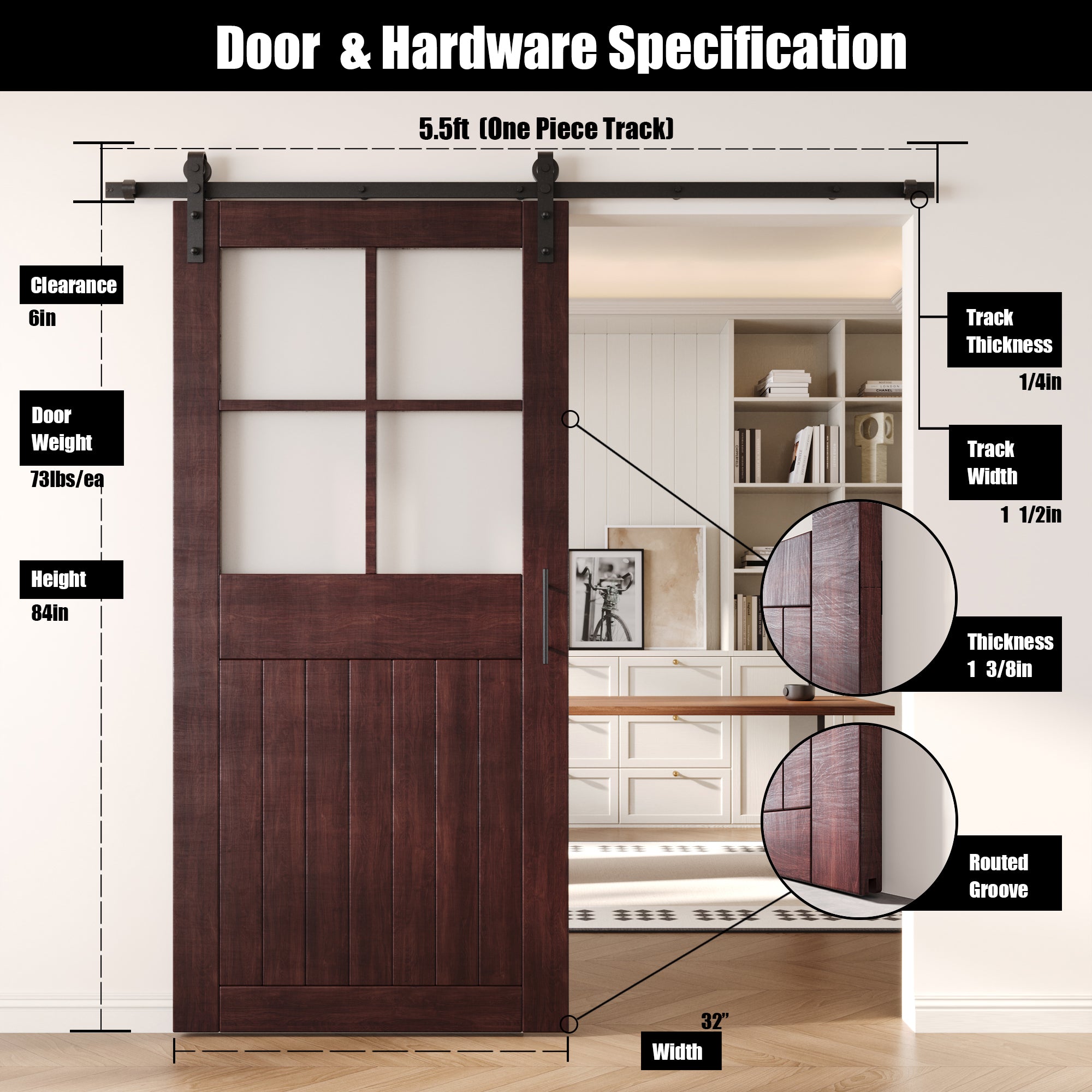 84" Height Red Mahogany Half Lite Grid Glass Unassembled & Finished Pine Wood Barn Door with Non-Bypass Installation Hardware Kit (Interior Use Only)
