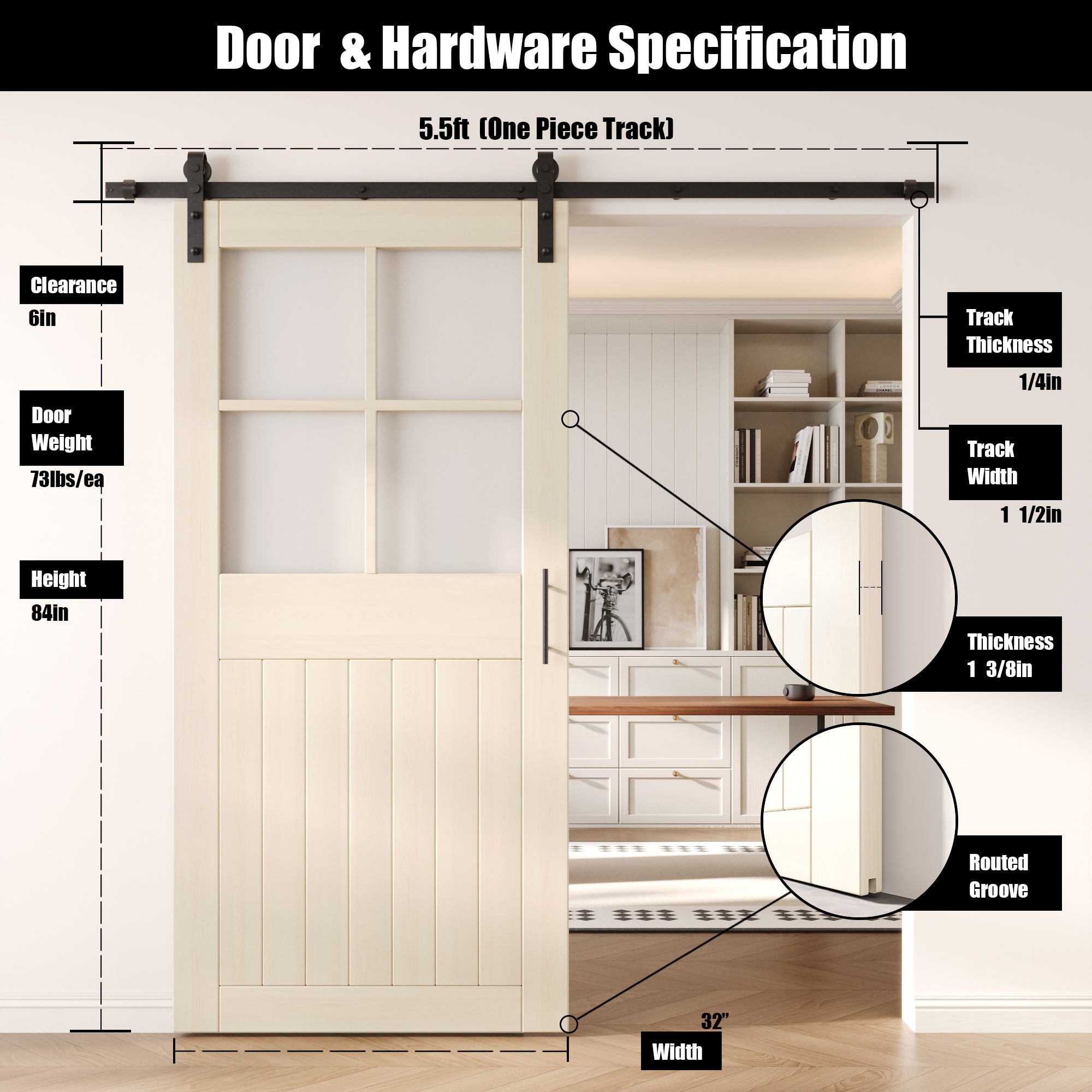 84" Height Tinsmith Gray Half Lite Grid Glass Unassembled & Finished Pine Wood Barn Door with Non-Bypass Installation Hardware Kit (Interior Use Only)
