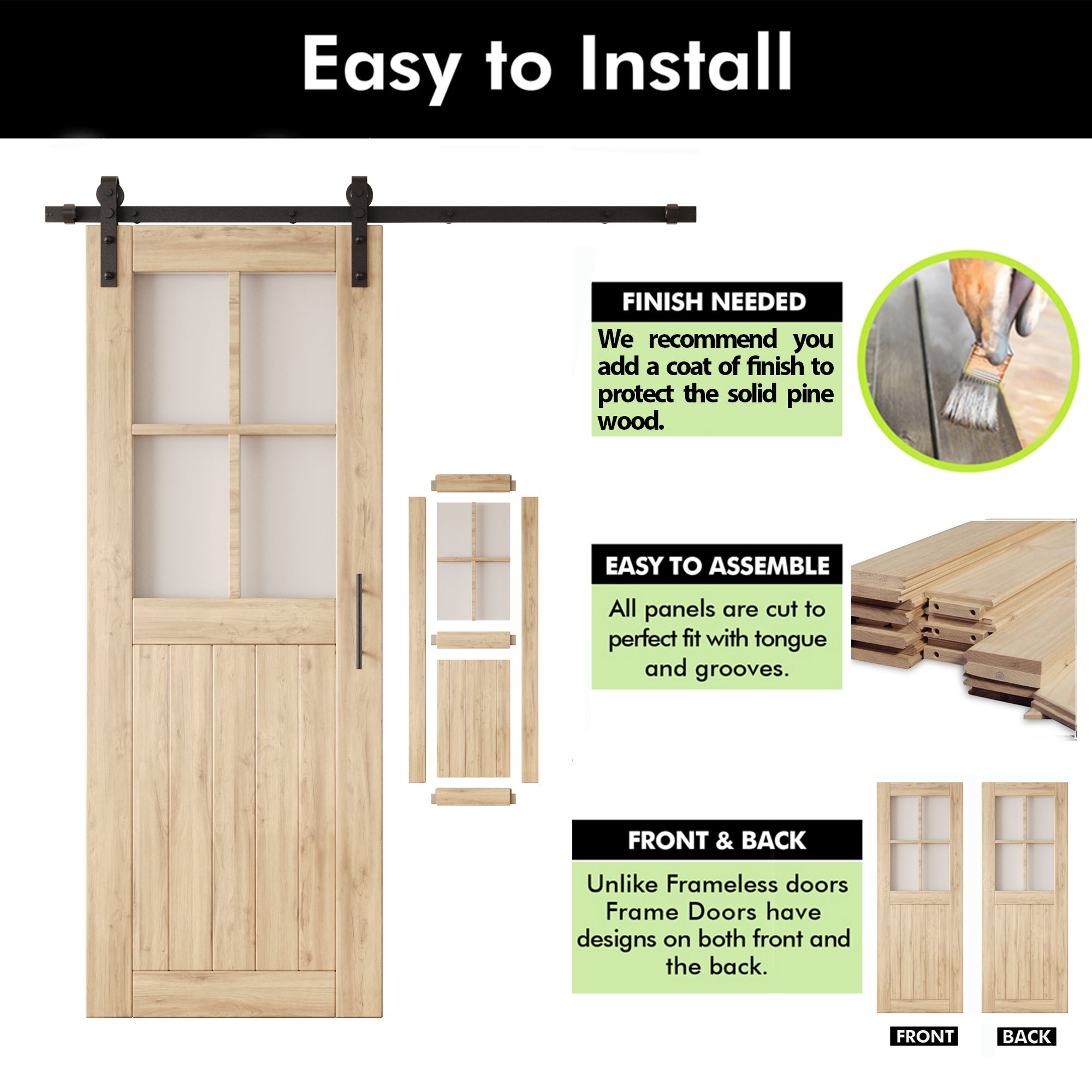 80" Height Half Lite Grid Glass Unassembled & Unfinished Pine Wood Barn Door with Non-Bypass Installation Hardware Kit (Interior Use Only)