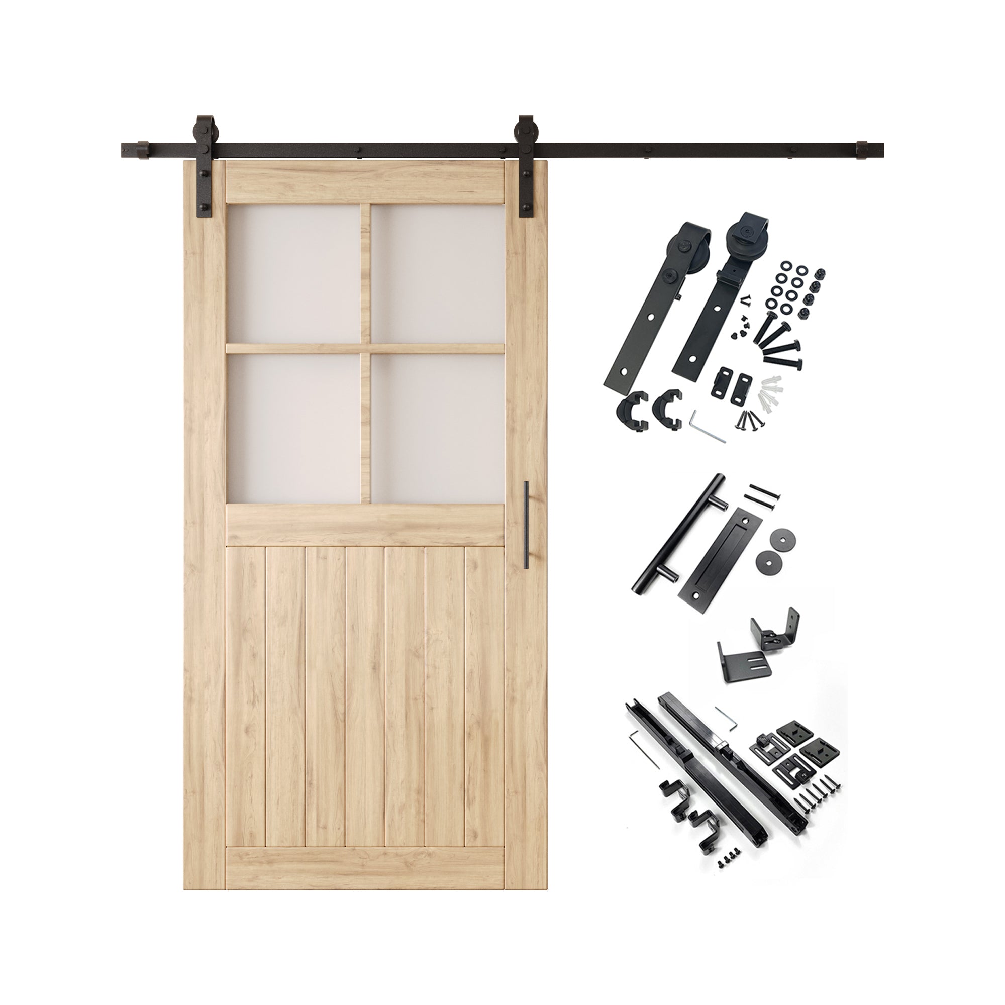 80" Height Half Lite Grid Glass Unassembled & Unfinished Pine Wood Barn Door with Non-Bypass Installation Hardware Kit (Interior Use Only)
