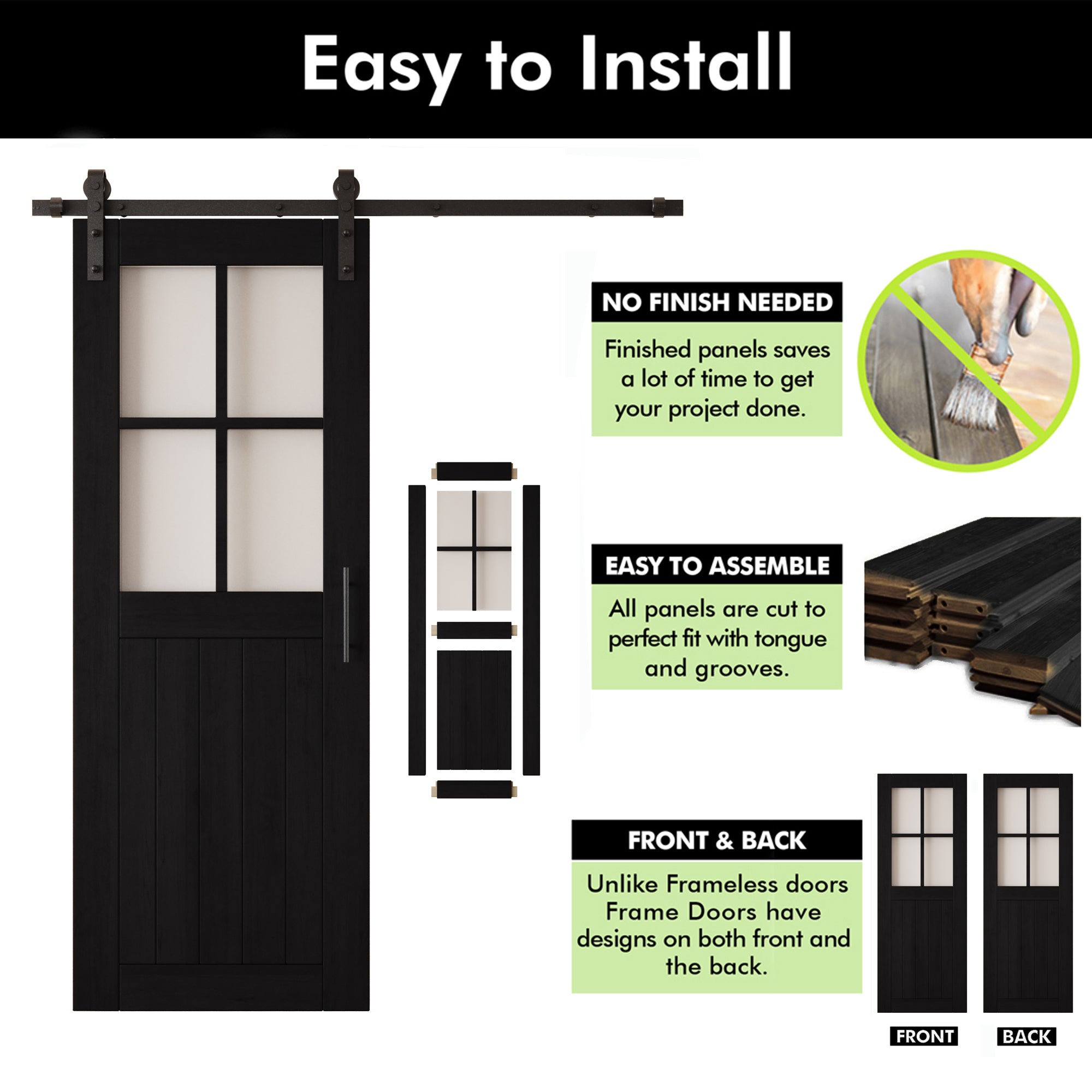 80" Height Black Half Lite Grid Glass Unassembled & Finished Pine Wood Barn Door with Non-Bypass Installation Hardware Kit (Interior Use Only)