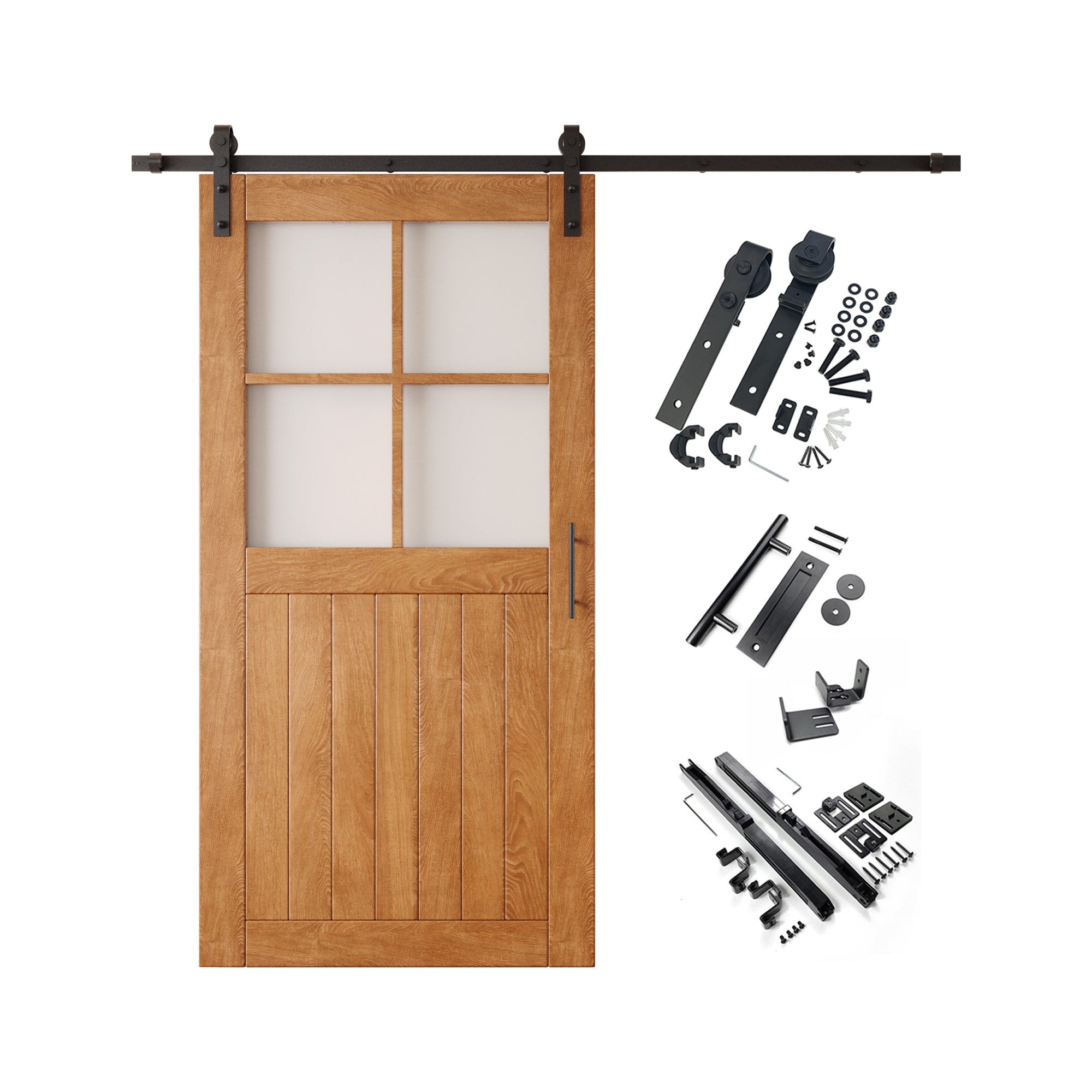 80" Height Early American Half Lite Grid Glass Unassembled & Finished Pine Wood Barn Door with Non-Bypass Installation Hardware Kit (Interior Use Only)