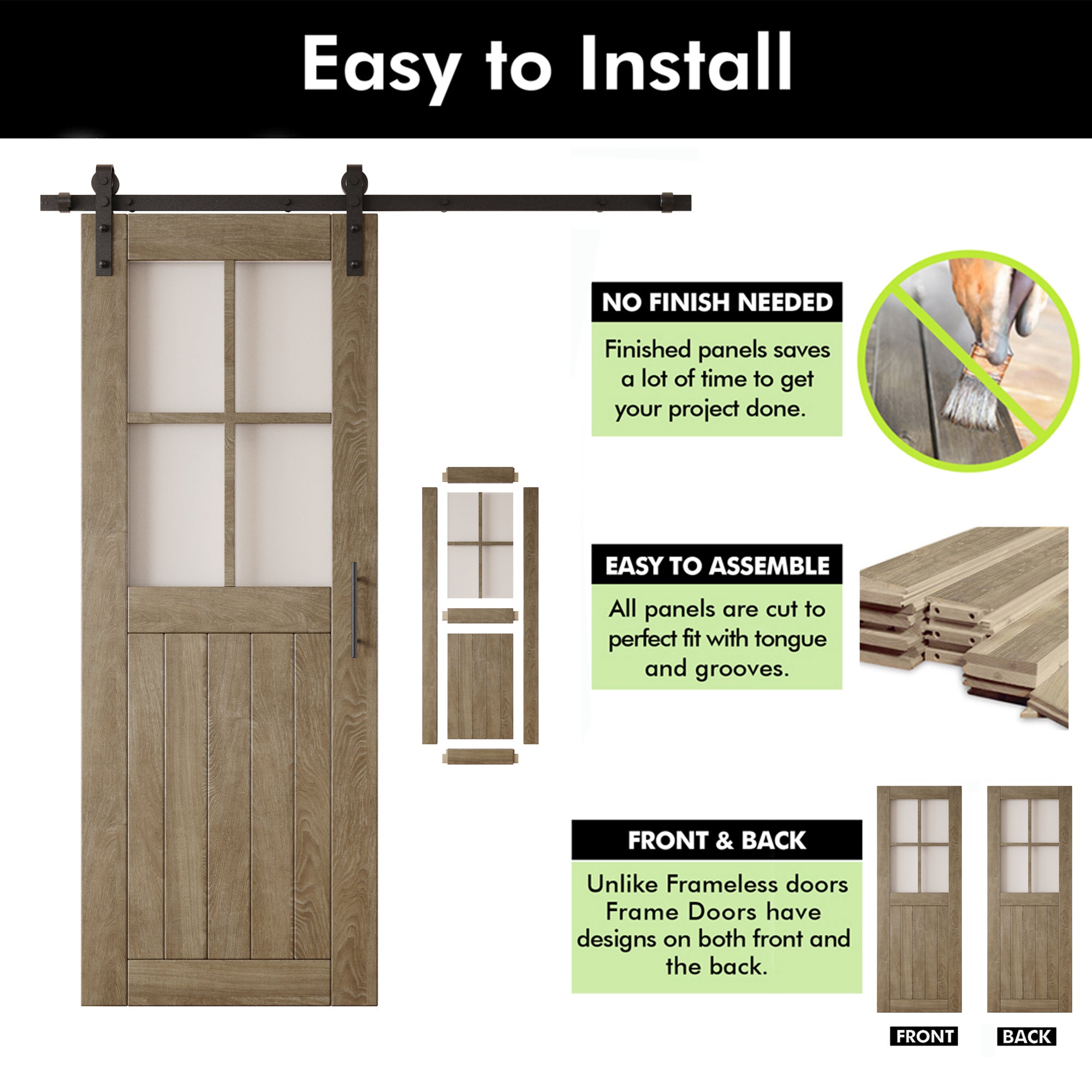 80" Height Classic Gray Half Lite Grid Glass Unassembled & Finished Pine Wood Barn Door with Non-Bypass Installation Hardware Kit (Interior Use Only)