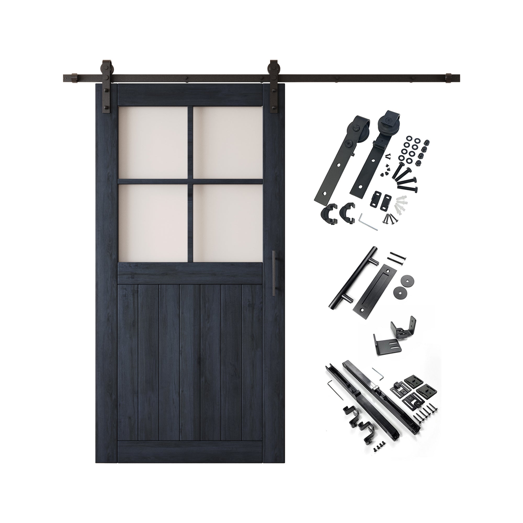 80" Height Navy Half Lite Grid Glass Unassembled & Finished Pine Wood Barn Door with Non-Bypass Installation Hardware Kit (Interior Use Only)