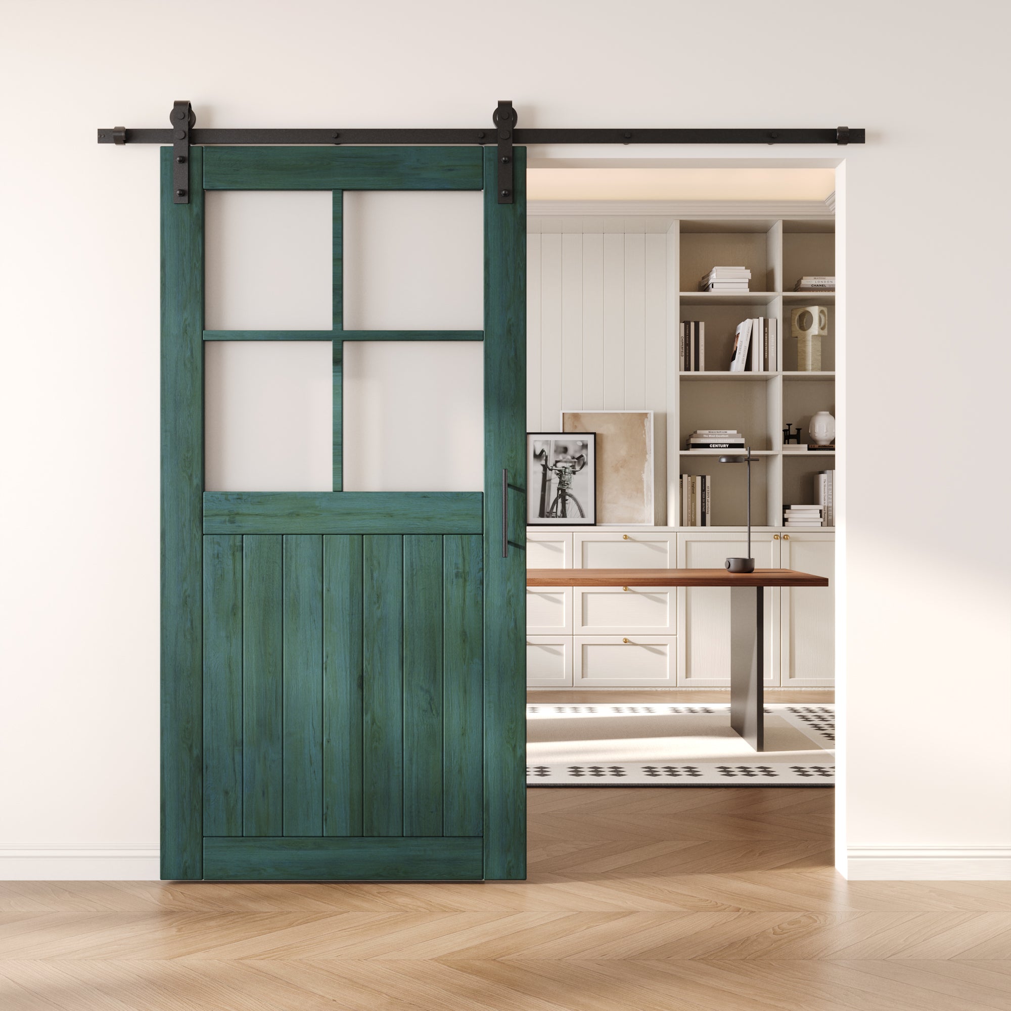 80" Height Royal Pine Half Lite Grid Glass Unassembled & Finished Pine Wood Barn Door with Non-Bypass Installation Hardware Kit (Interior Use Only)