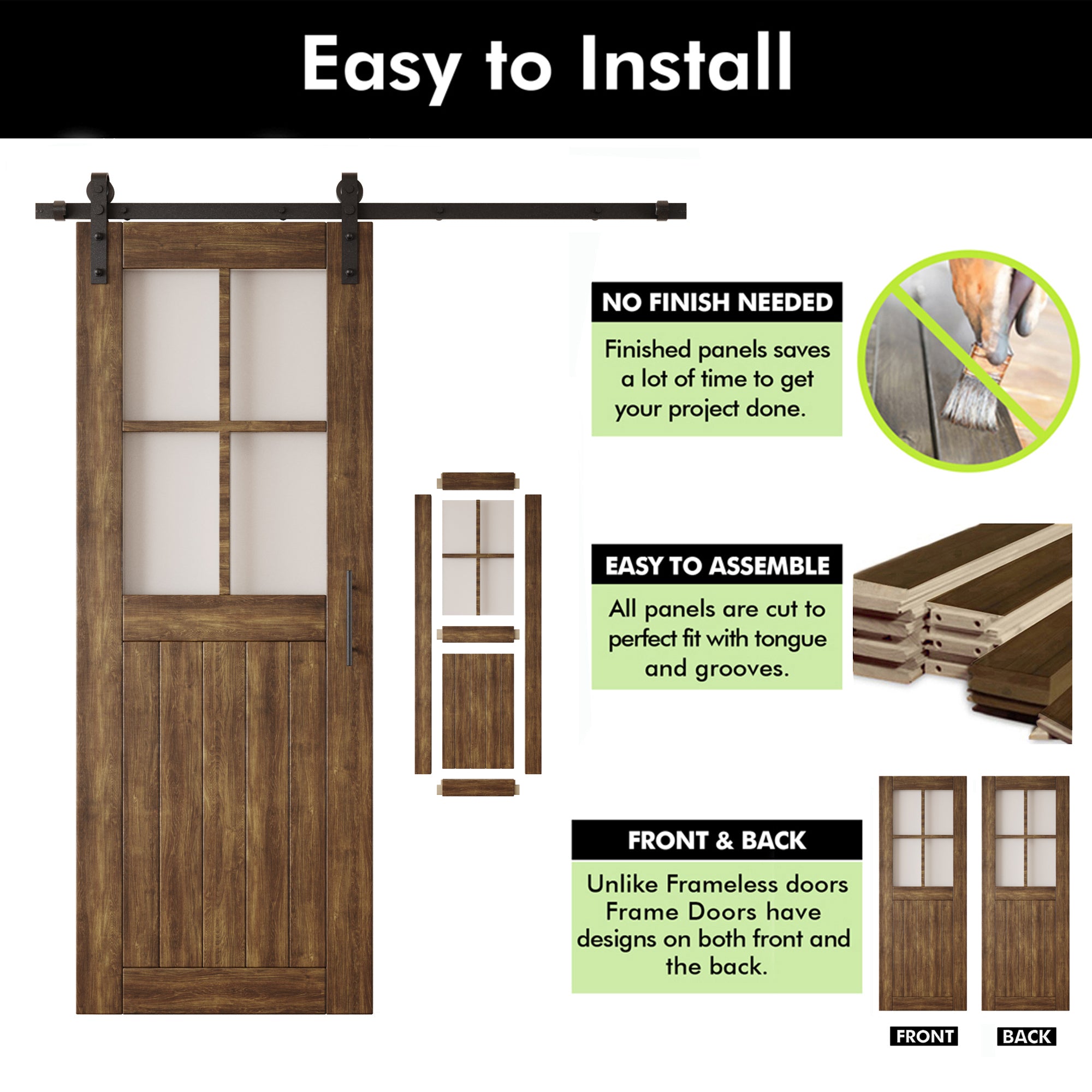 80" Height Dark Walnut Half Lite Grid Glass Unassembled & Finished Pine Wood Barn Door with Non-Bypass Installation Hardware Kit (Interior Use Only)