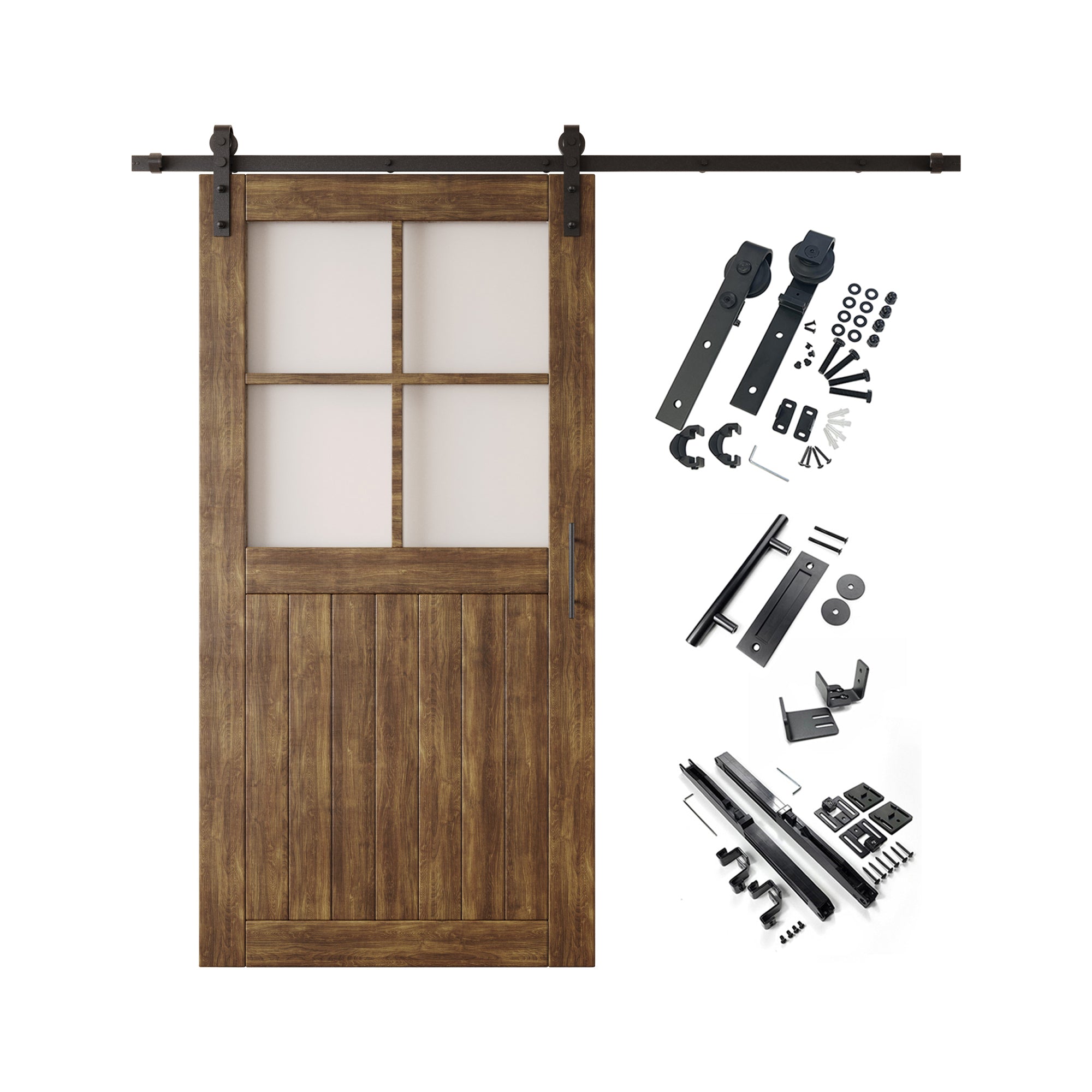 80" Height Dark Walnut Half Lite Grid Glass Unassembled & Finished Pine Wood Barn Door with Non-Bypass Installation Hardware Kit (Interior Use Only)