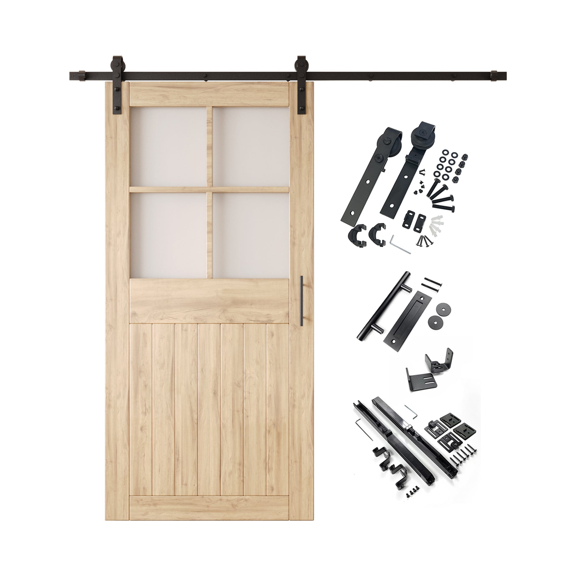 84" Height Half Lite Grid Glass Unassembled & Unfinished Pine Wood Barn Door with Non-Bypass Installation Hardware Kit (Interior Use Only)