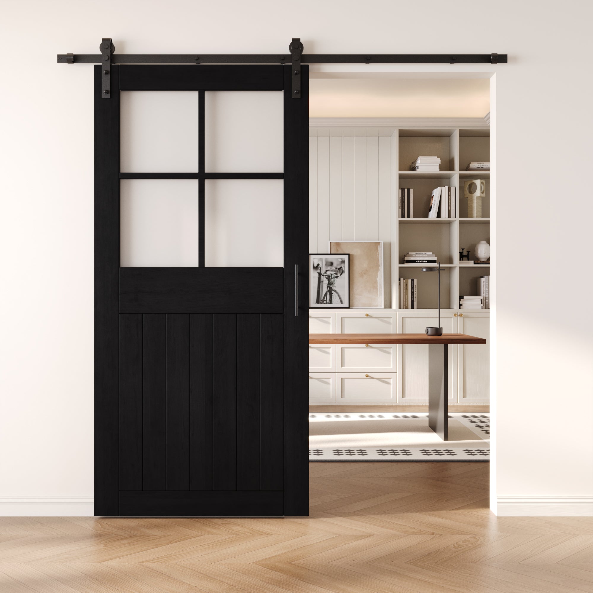 84" Height Black Half Lite Grid Glass Unassembled & Finished Pine Wood Barn Door with Non-Bypass Installation Hardware Kit (Interior Use Only)
