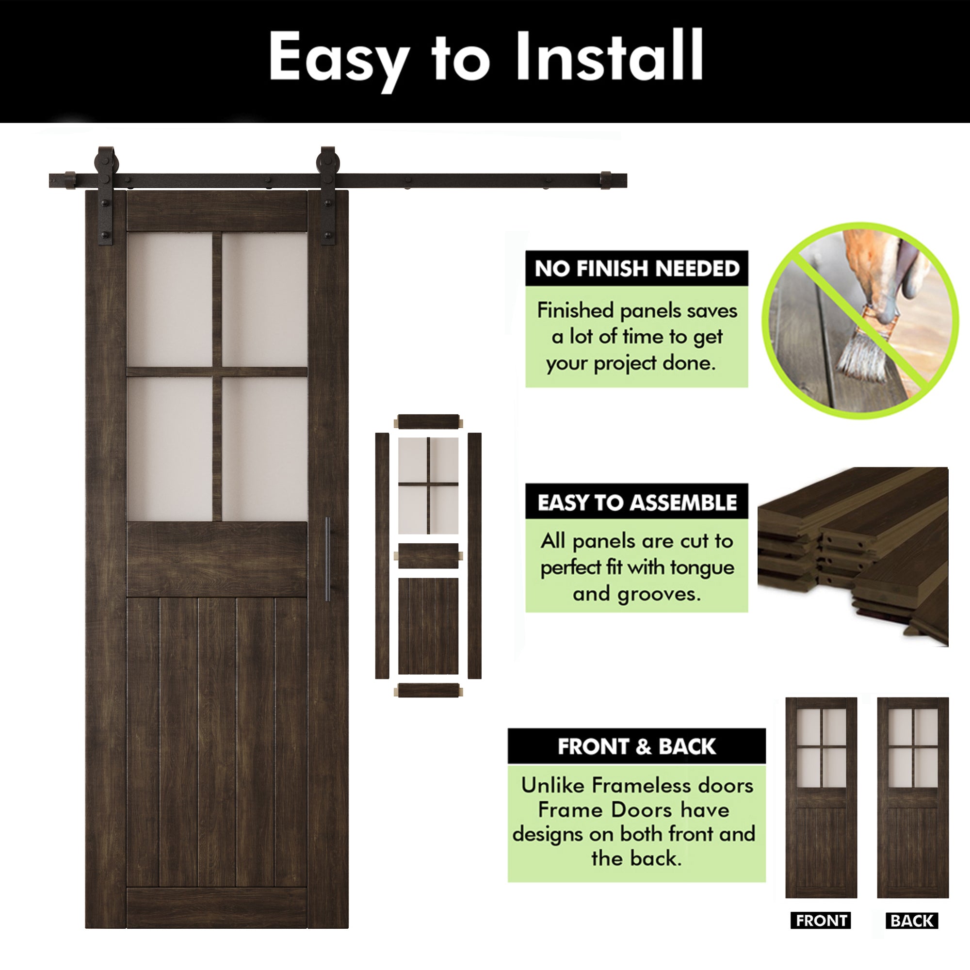 84" Height Ebony Half Lite Grid Glass Unassembled & Finished Pine Wood Barn Door with Non-Bypass Installation Hardware Kit (Interior Use Only)