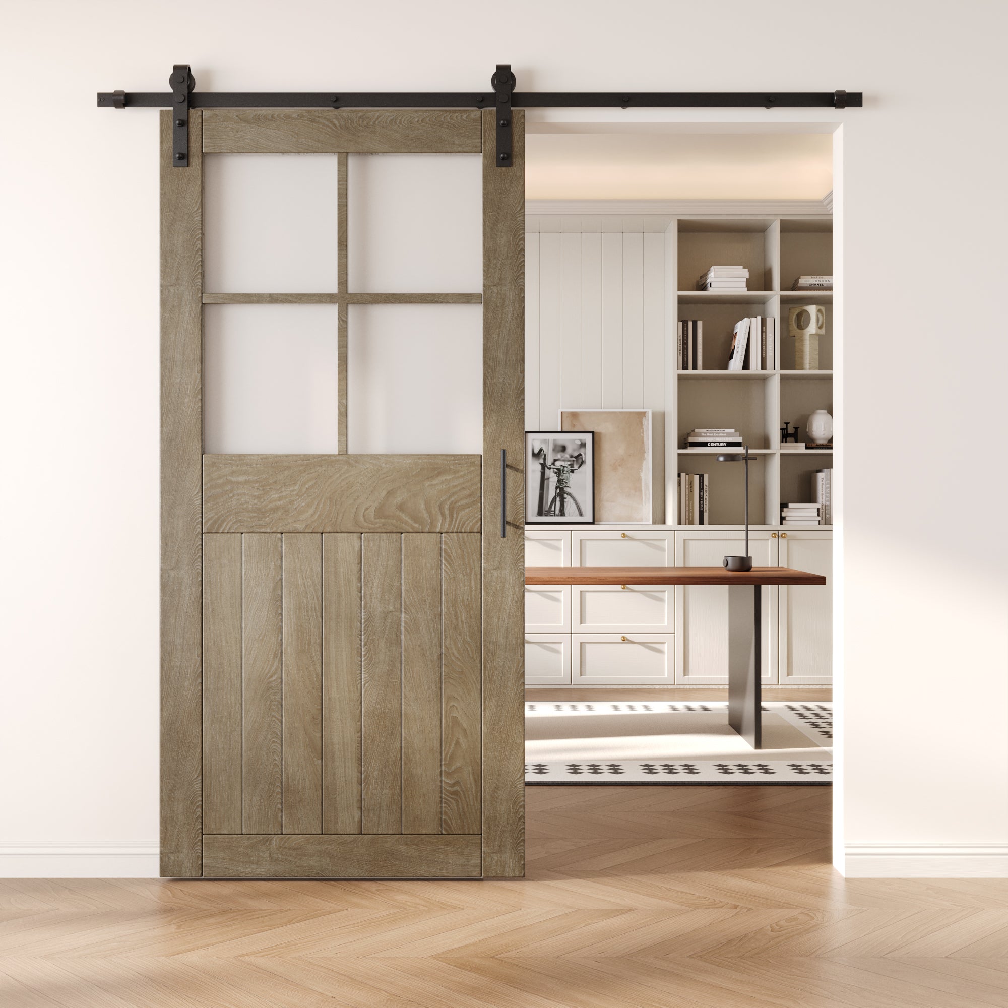 84" Height Classic Gray Half Lite Grid Glass Unassembled & Finished Pine Wood Barn Door with Non-Bypass Installation Hardware Kit (Interior Use Only)