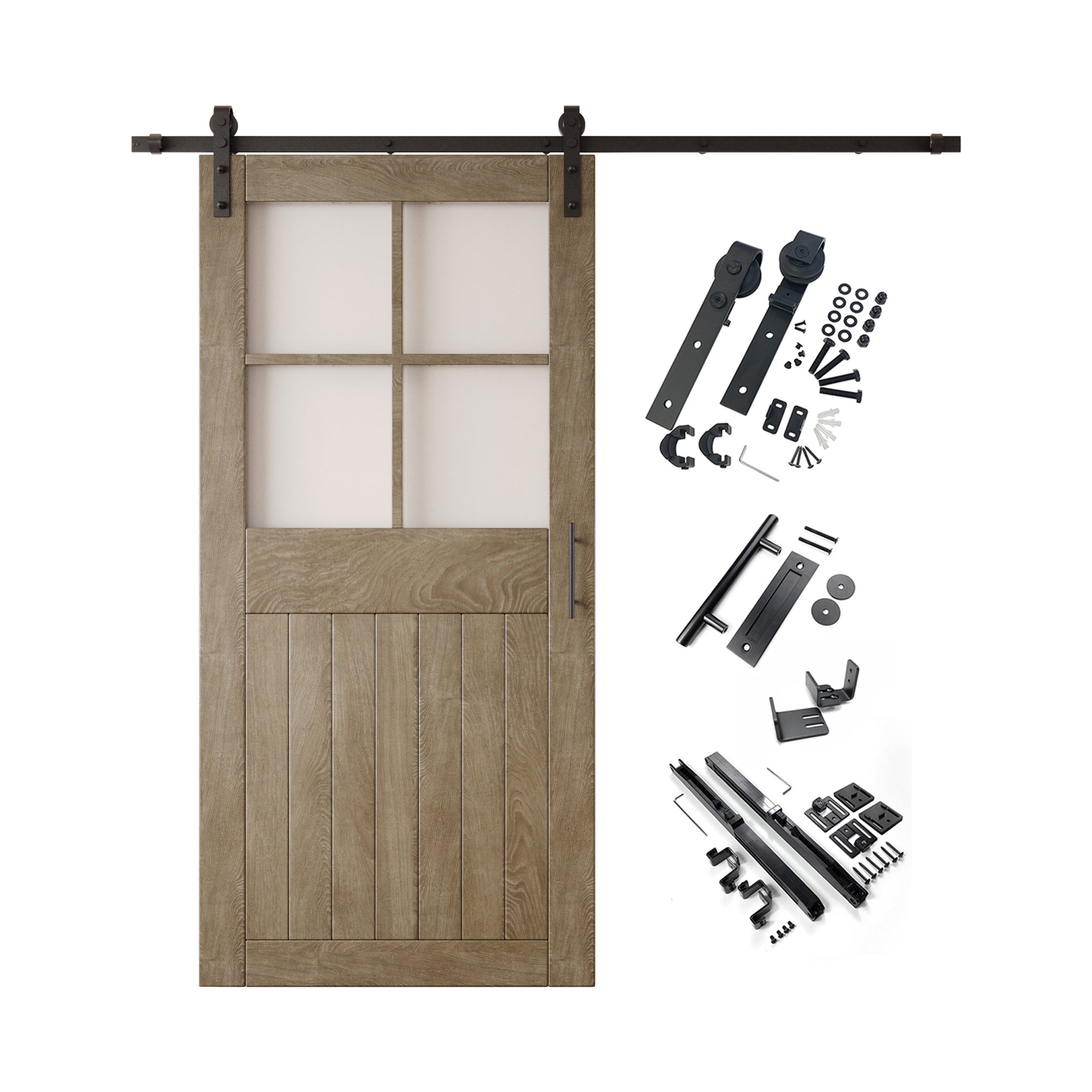 84" Height Classic Gray Half Lite Grid Glass Unassembled & Finished Pine Wood Barn Door with Non-Bypass Installation Hardware Kit (Interior Use Only)