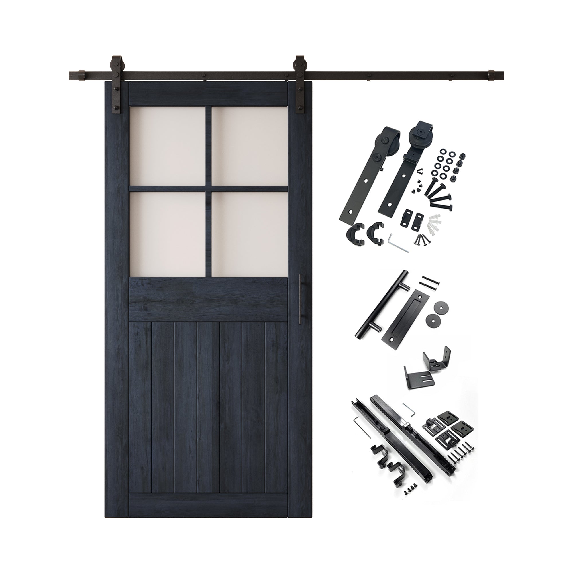 84" Height Navy Half Lite Grid Glass Unassembled & Finished Pine Wood Barn Door with Non-Bypass Installation Hardware Kit (Interior Use Only)