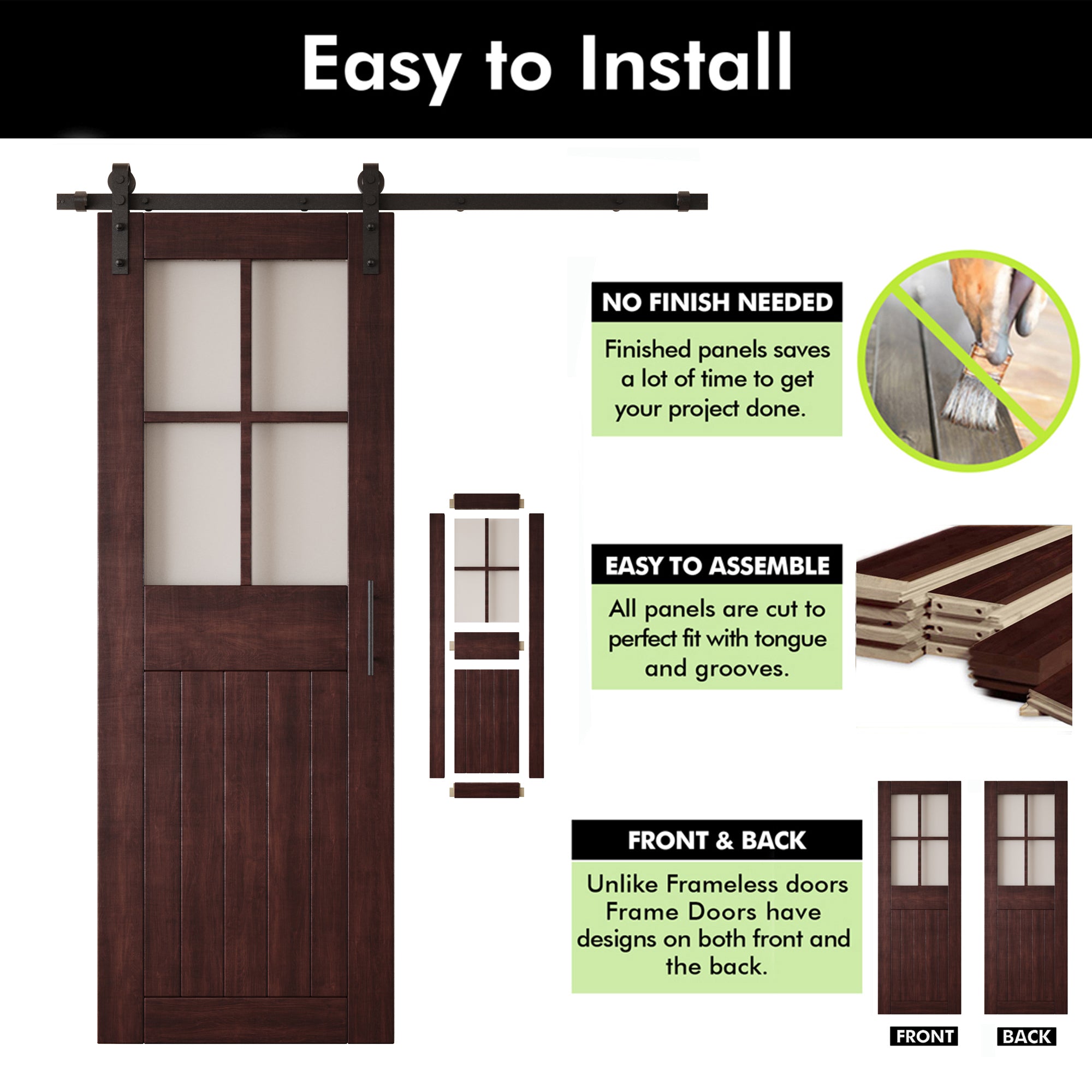 84" Height Red Mahogany Half Lite Grid Glass Unassembled & Finished Pine Wood Barn Door with Non-Bypass Installation Hardware Kit (Interior Use Only)
