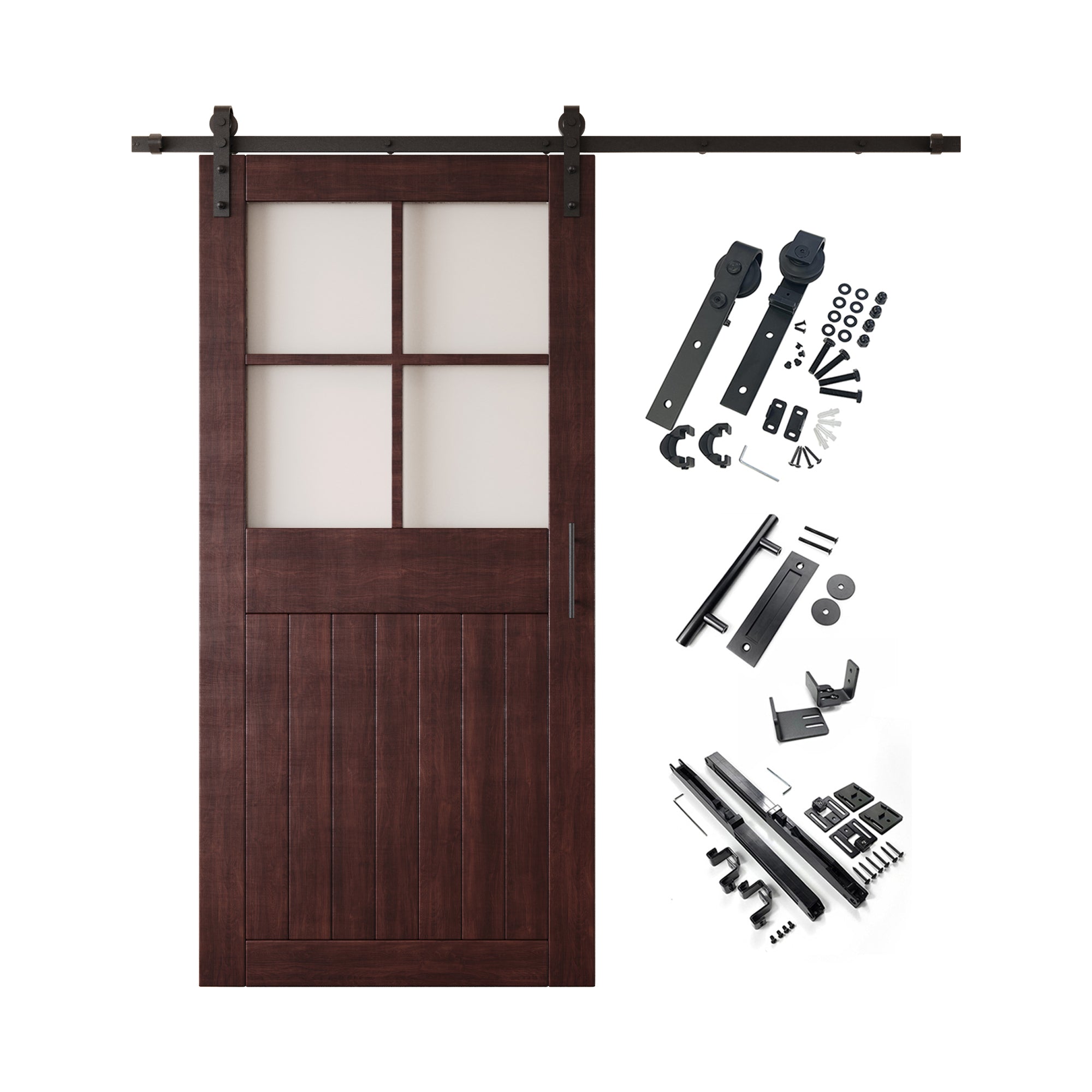 84" Height Red Mahogany Half Lite Grid Glass Unassembled & Finished Pine Wood Barn Door with Non-Bypass Installation Hardware Kit (Interior Use Only)