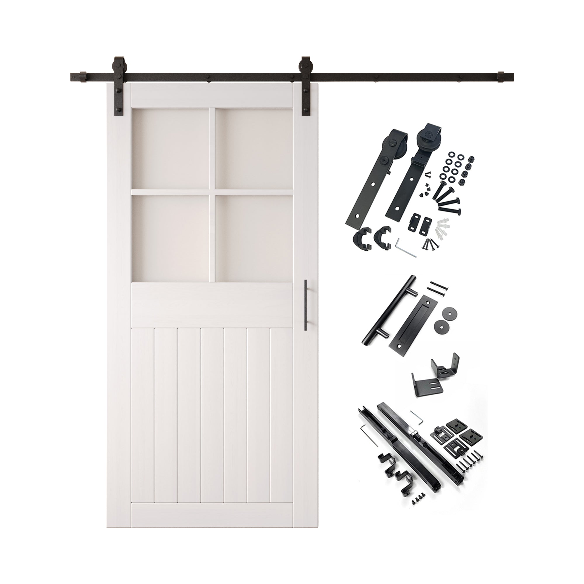 84" Height White Half Lite Grid Glass Unassembled & Finished Pine Wood Barn Door with Non-Bypass Installation Hardware Kit (Interior Use Only)