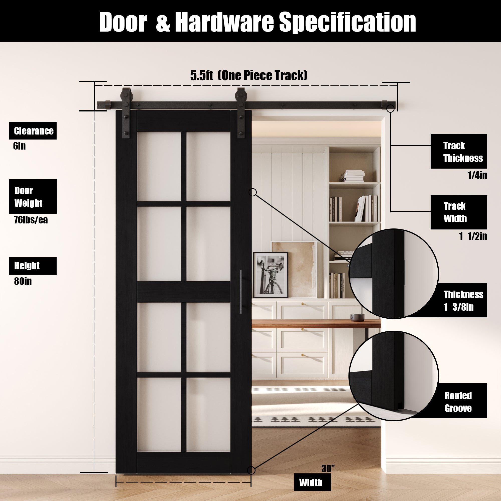 80" Height Black 8-Lite Frosted Glass Unassembled & Finished Pine Wood Barn Door with Non-Bypass Installation Hardware Kit (Interior Use Only)