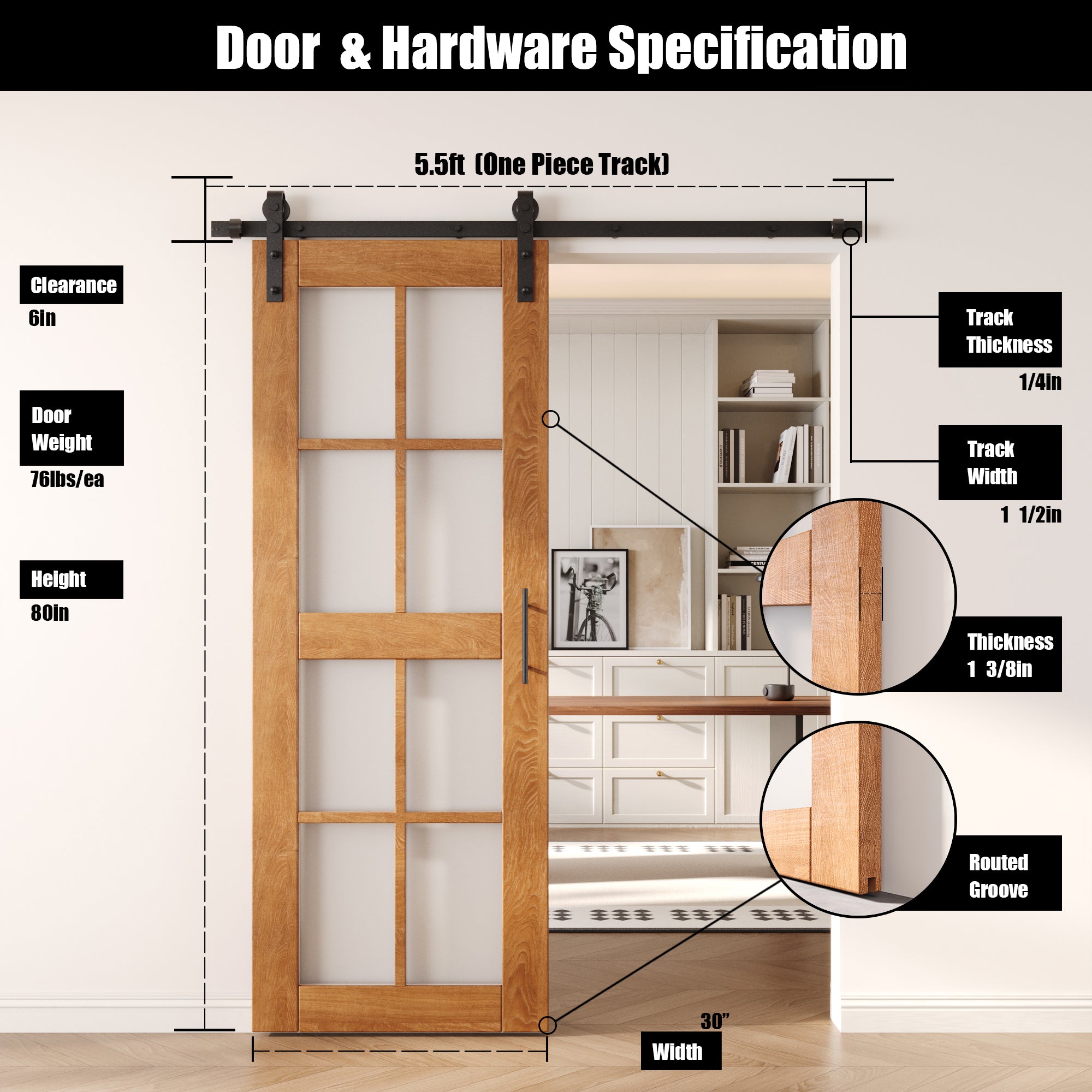 80" Height Early American 8-Lite Frosted Glass Unassembled & Finished Pine Wood Barn Door with Non-Bypass Installation Hardware Kit (Interior Use Only)