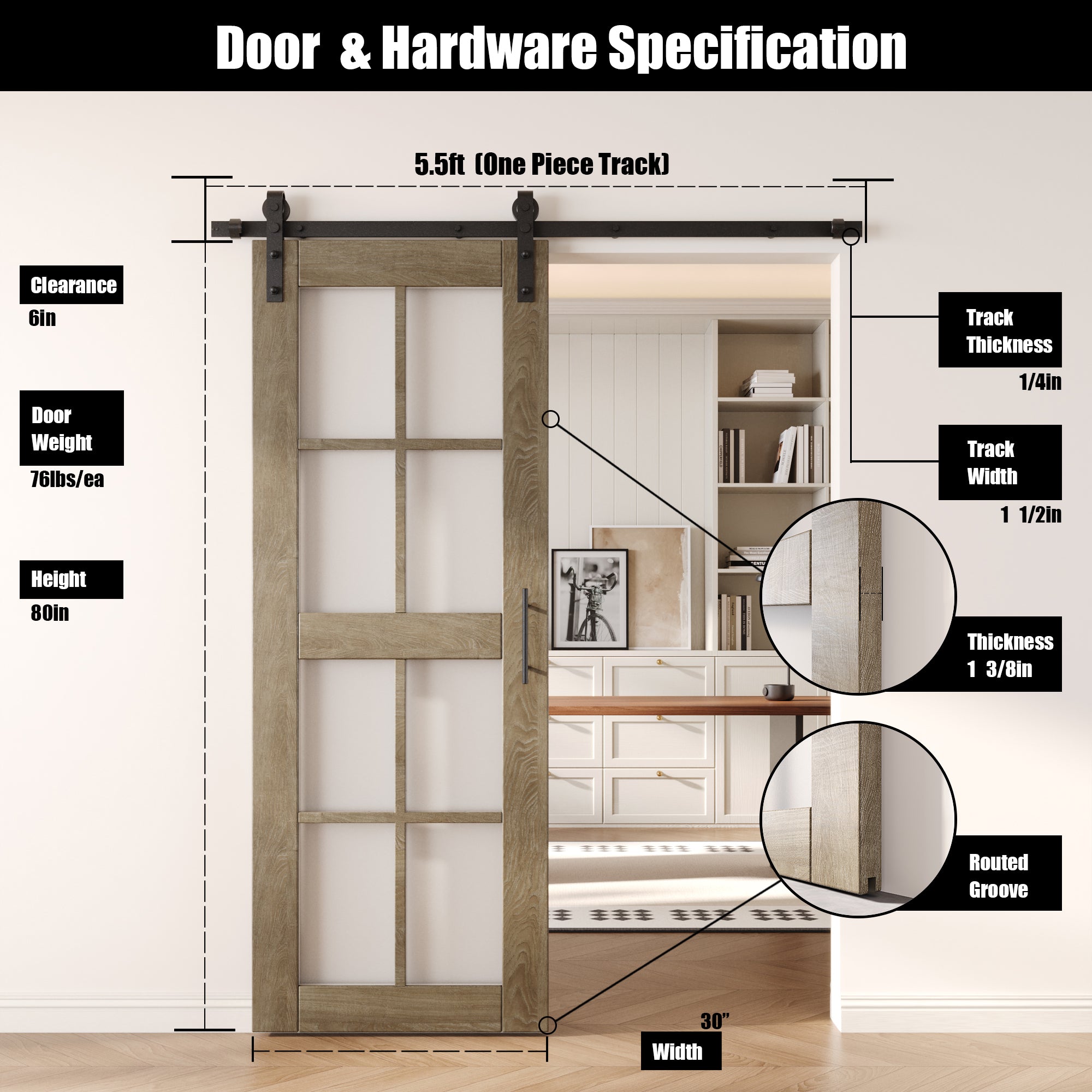 80" Height Classic Gray 8-Lite Frosted Glass Unassembled & Finished Pine Wood Barn Door with Non-Bypass Installation Hardware Kit (Interior Use Only)