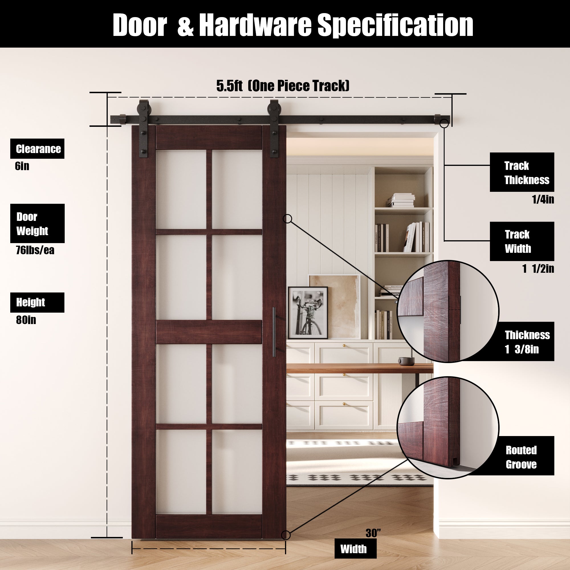 80" Height Red Mahogany 8-Lite Frosted Glass Unassembled & Finished Pine Wood Barn Door with Non-Bypass Installation Hardware Kit (Interior Use Only)