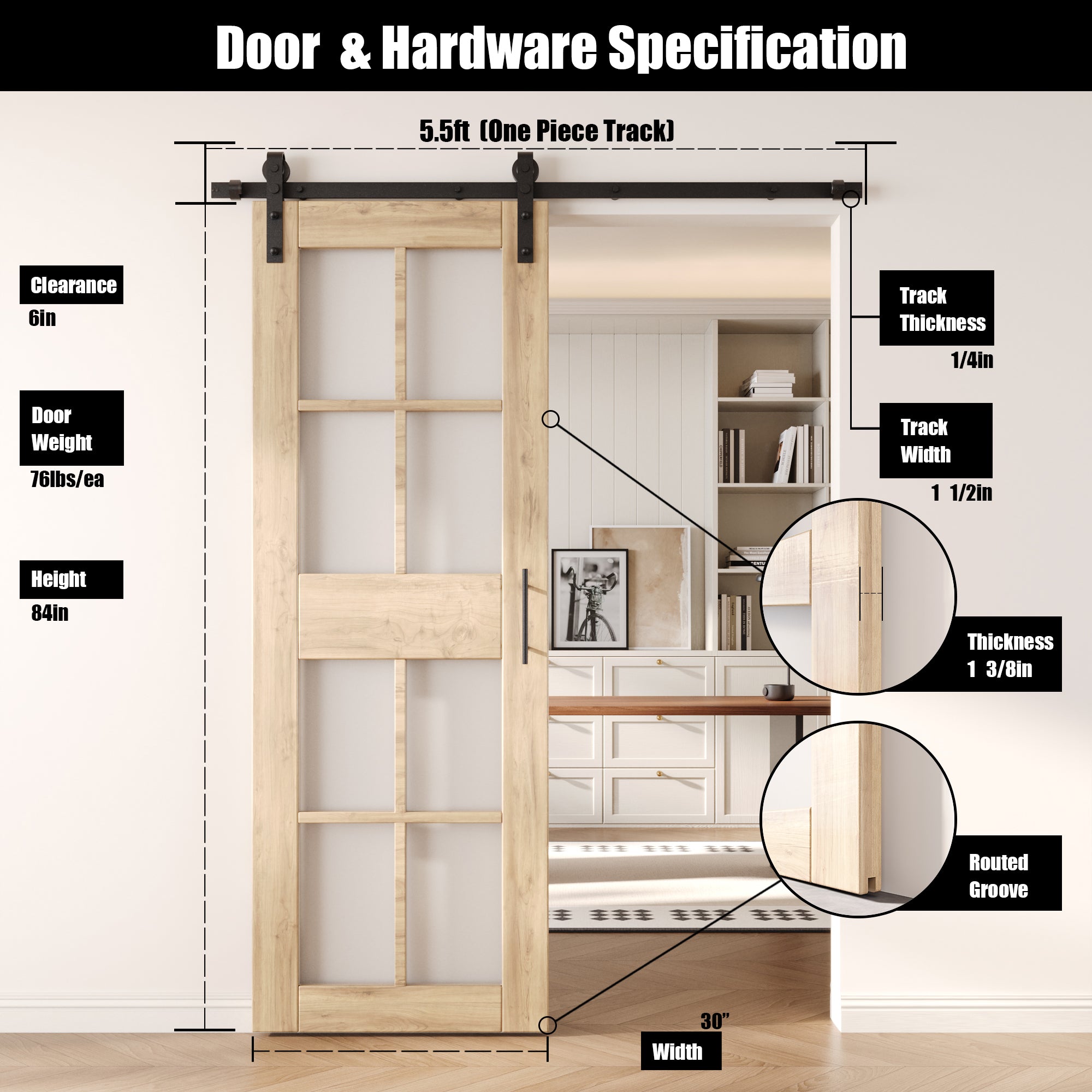 84" Height 8-Lite Frosted Glass Unassembled & Unfinished Pine Wood Barn Door with Non-Bypass Installation Hardware Kit (Interior Use Only)