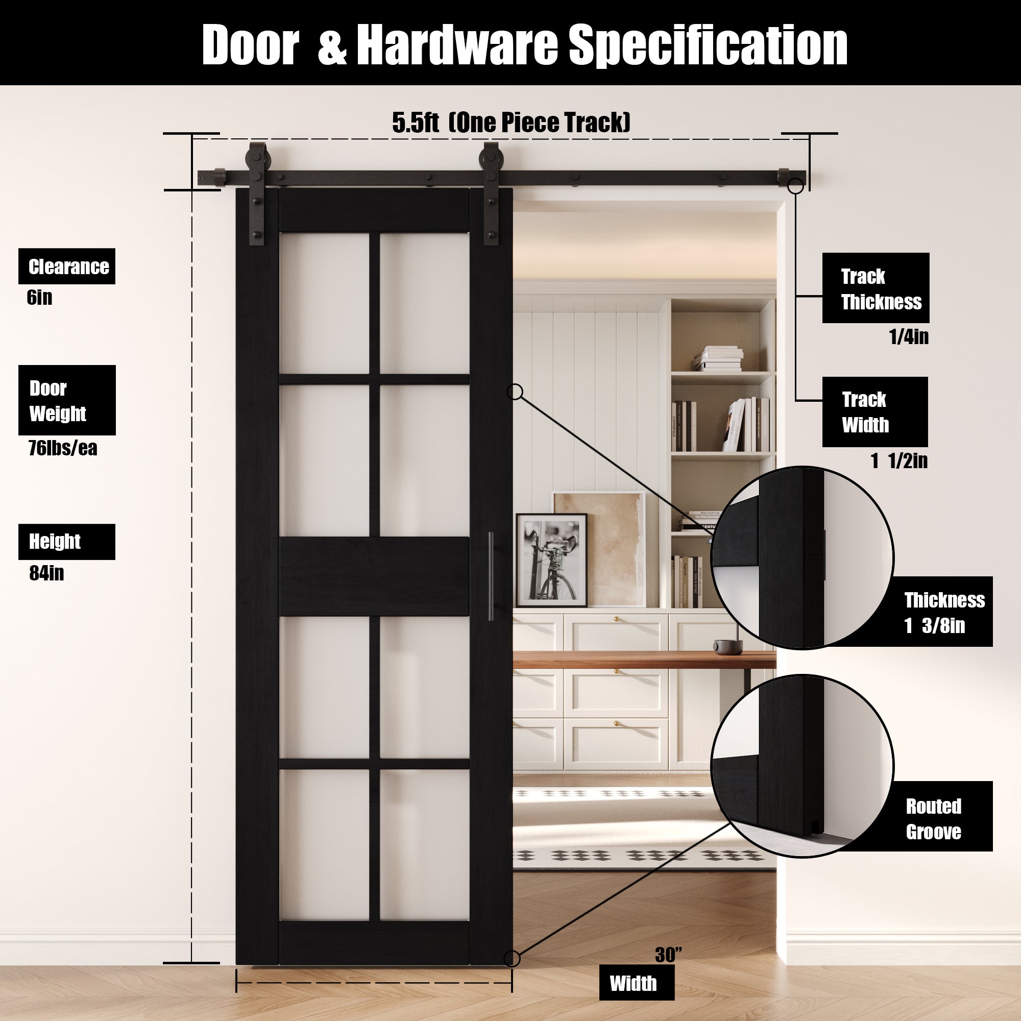 84" Height Black 8-Lite Frosted Glass Unassembled & Finished Pine Wood Barn Door with Non-Bypass Installation Hardware Kit (Interior Use Only)