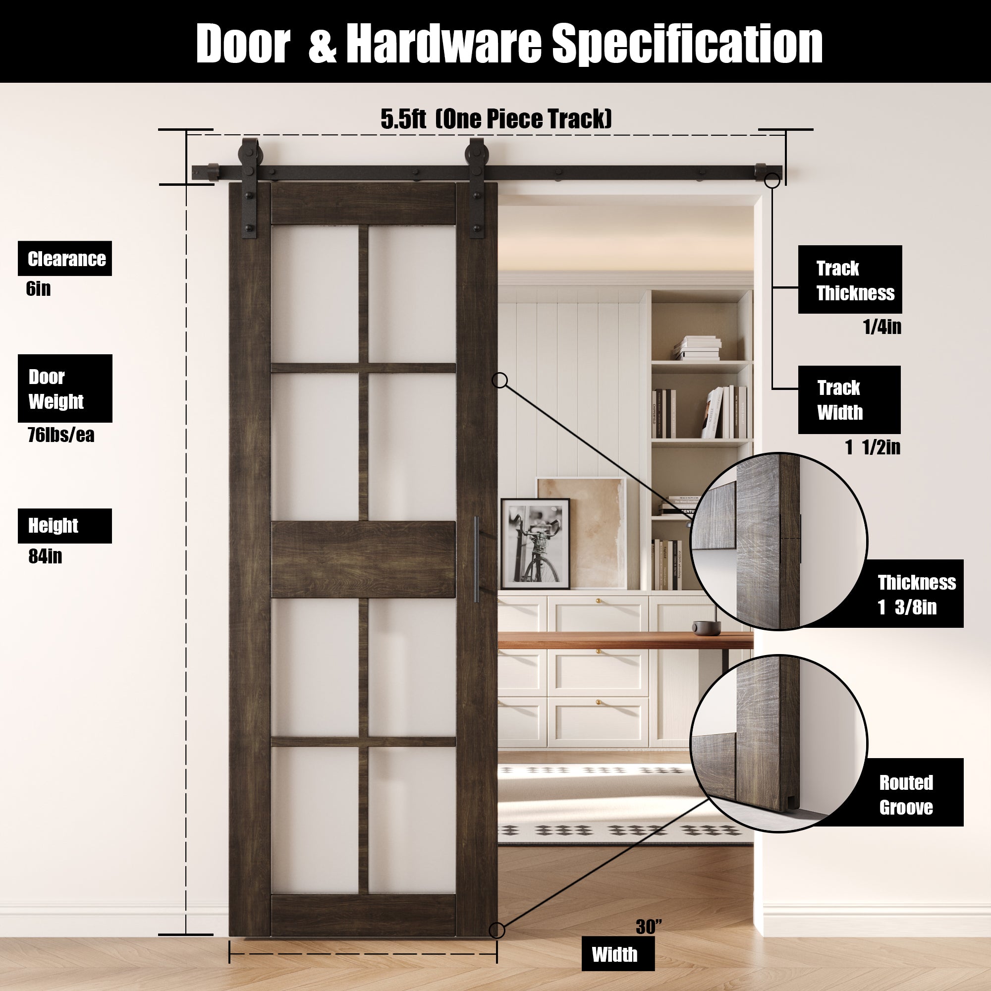 84" Height Ebony 8-Lite Frosted Glass Unassembled & Finished Pine Wood Barn Door with Non-Bypass Installation Hardware Kit (Interior Use Only)