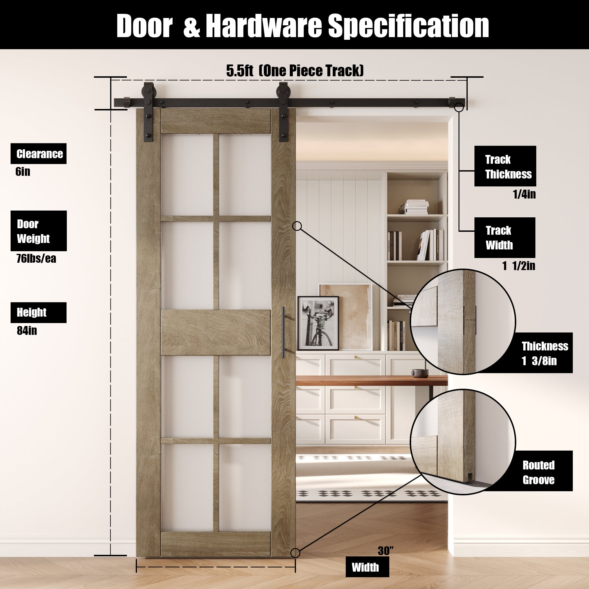 84" Height Classic Gray 8-Lite Frosted Glass Unassembled & Finished Pine Wood Barn Door with Non-Bypass Installation Hardware Kit (Interior Use Only)