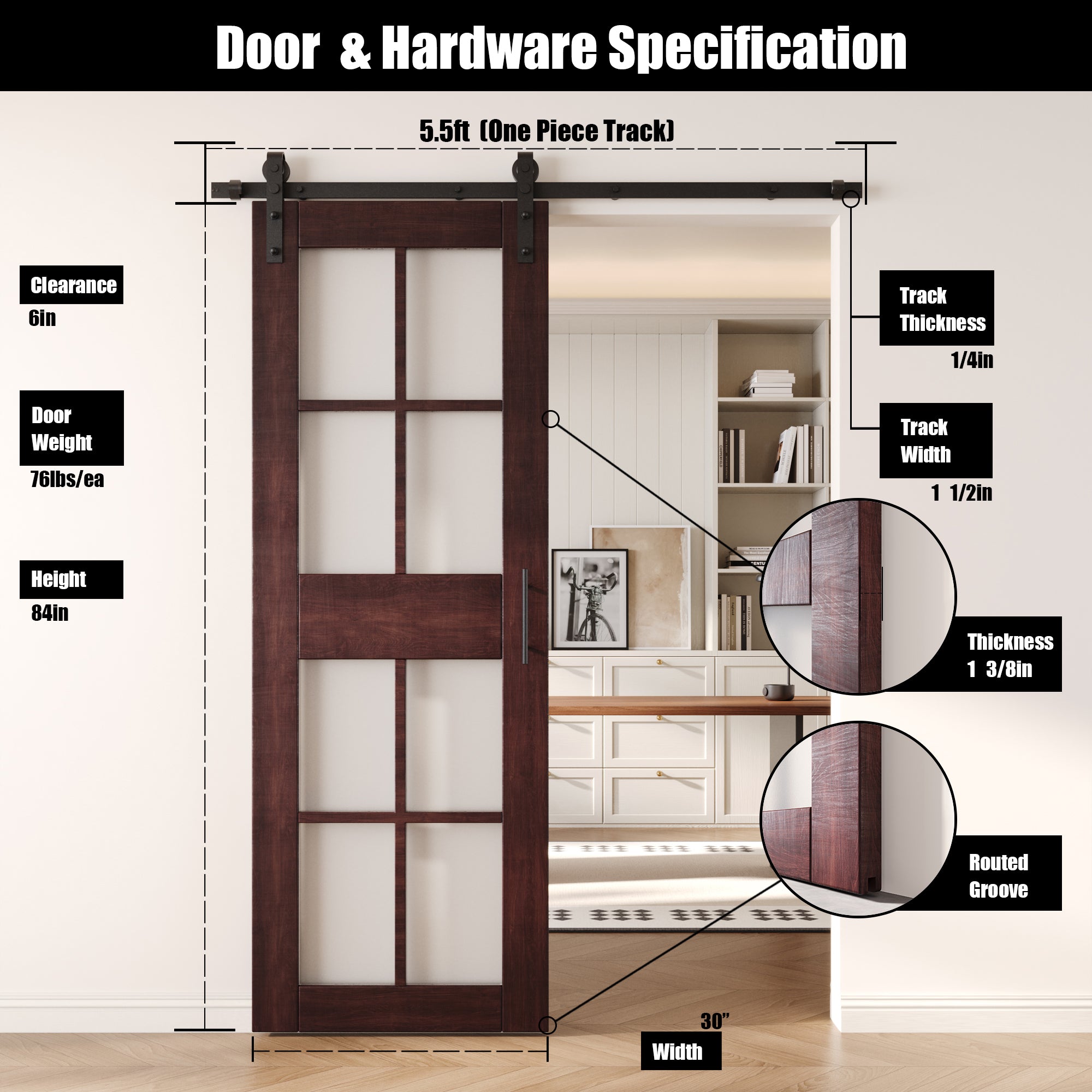 84" Height Red Mahogany 8-Lite Frosted Glass Unassembled & Finished Pine Wood Barn Door with Non-Bypass Installation Hardware Kit (Interior Use Only)