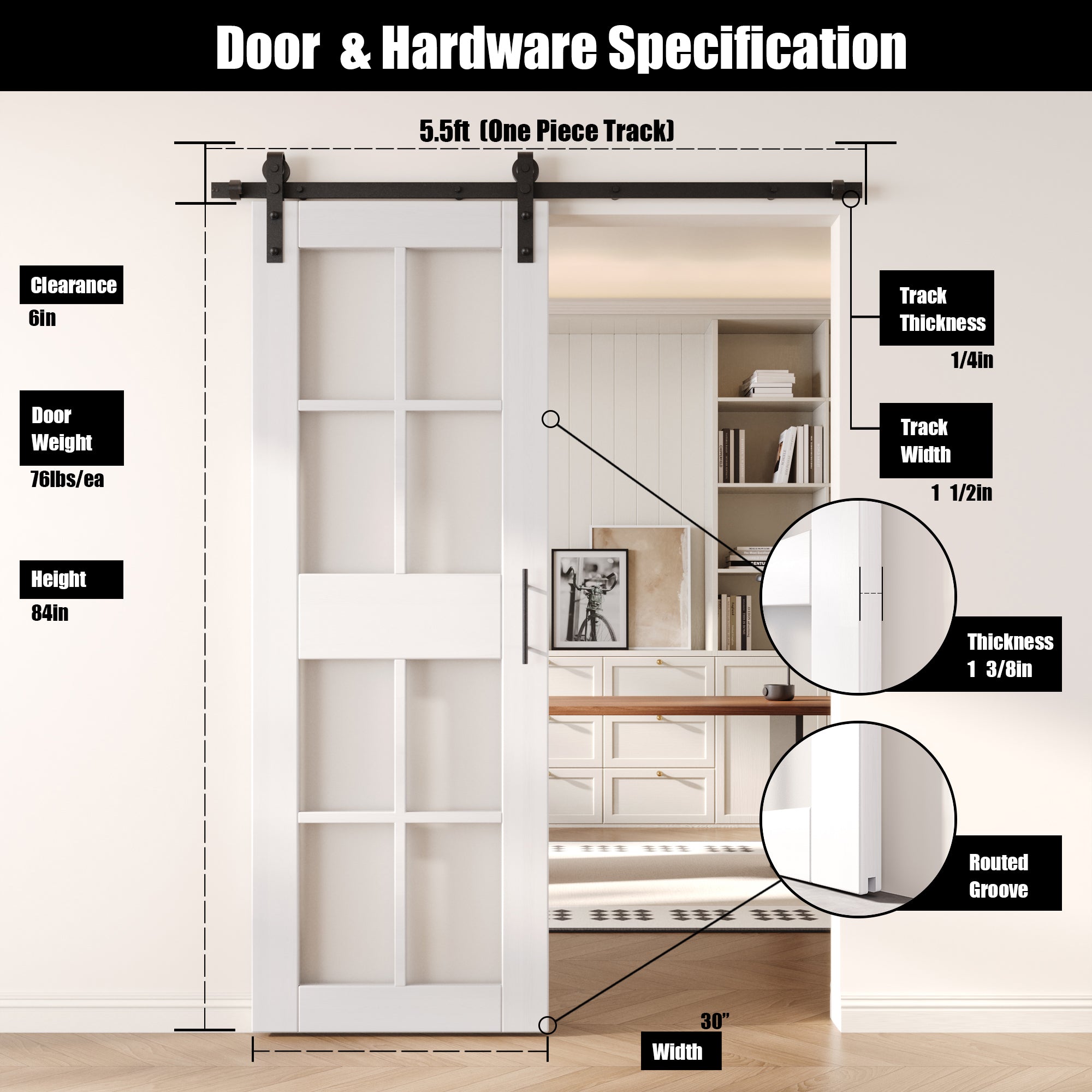 84" Height White 8-Lite Frosted Glass Unassembled & Finished Pine Wood Barn Door with Non-Bypass Installation Hardware Kit (Interior Use Only)