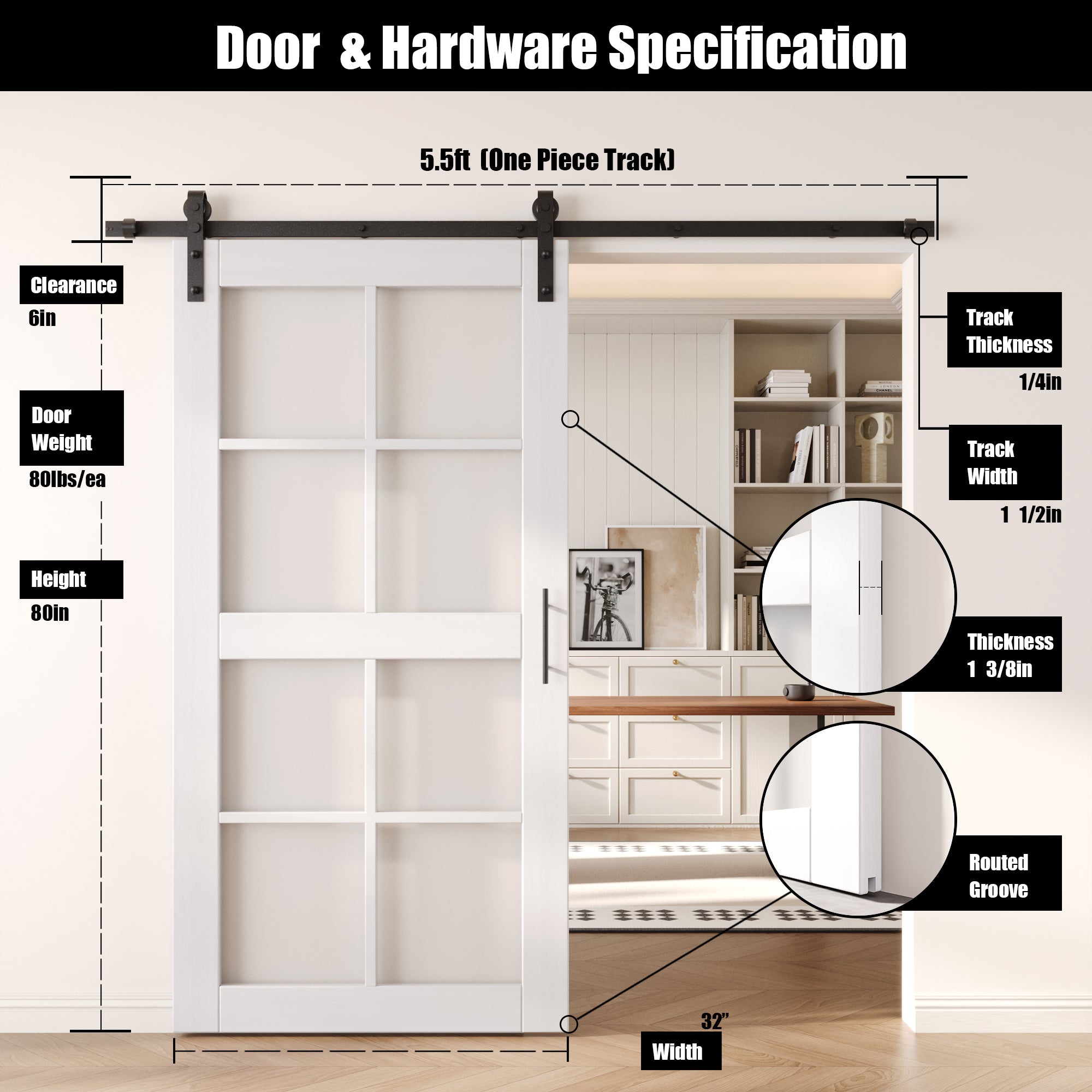 80" Height White 8-Lite Frosted Glass Unassembled & Finished Pine Wood Barn Door with Non-Bypass Installation Hardware Kit (Interior Use Only)