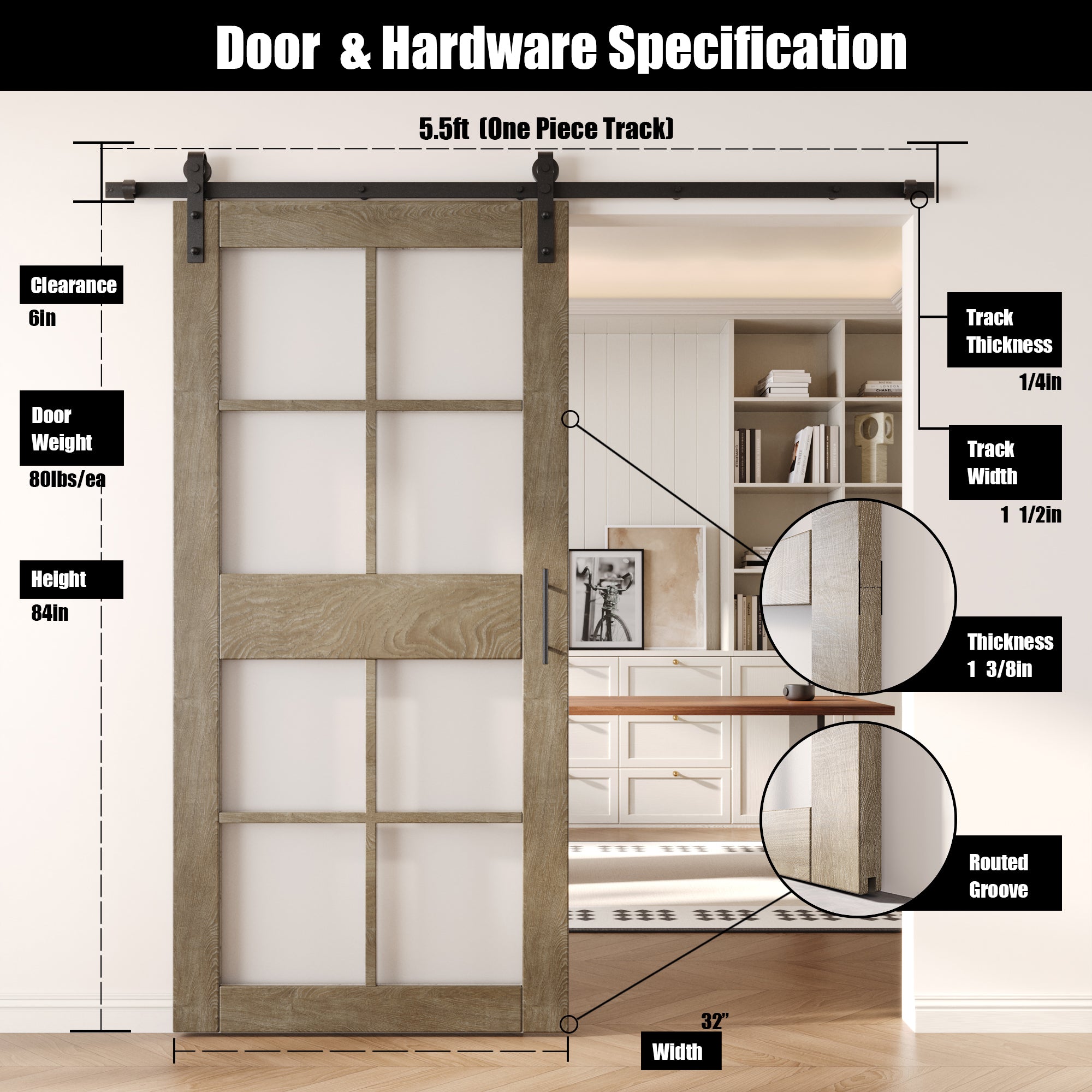 84" Height Classic Gray 8-Lite Frosted Glass Unassembled & Finished Pine Wood Barn Door with Non-Bypass Installation Hardware Kit (Interior Use Only)