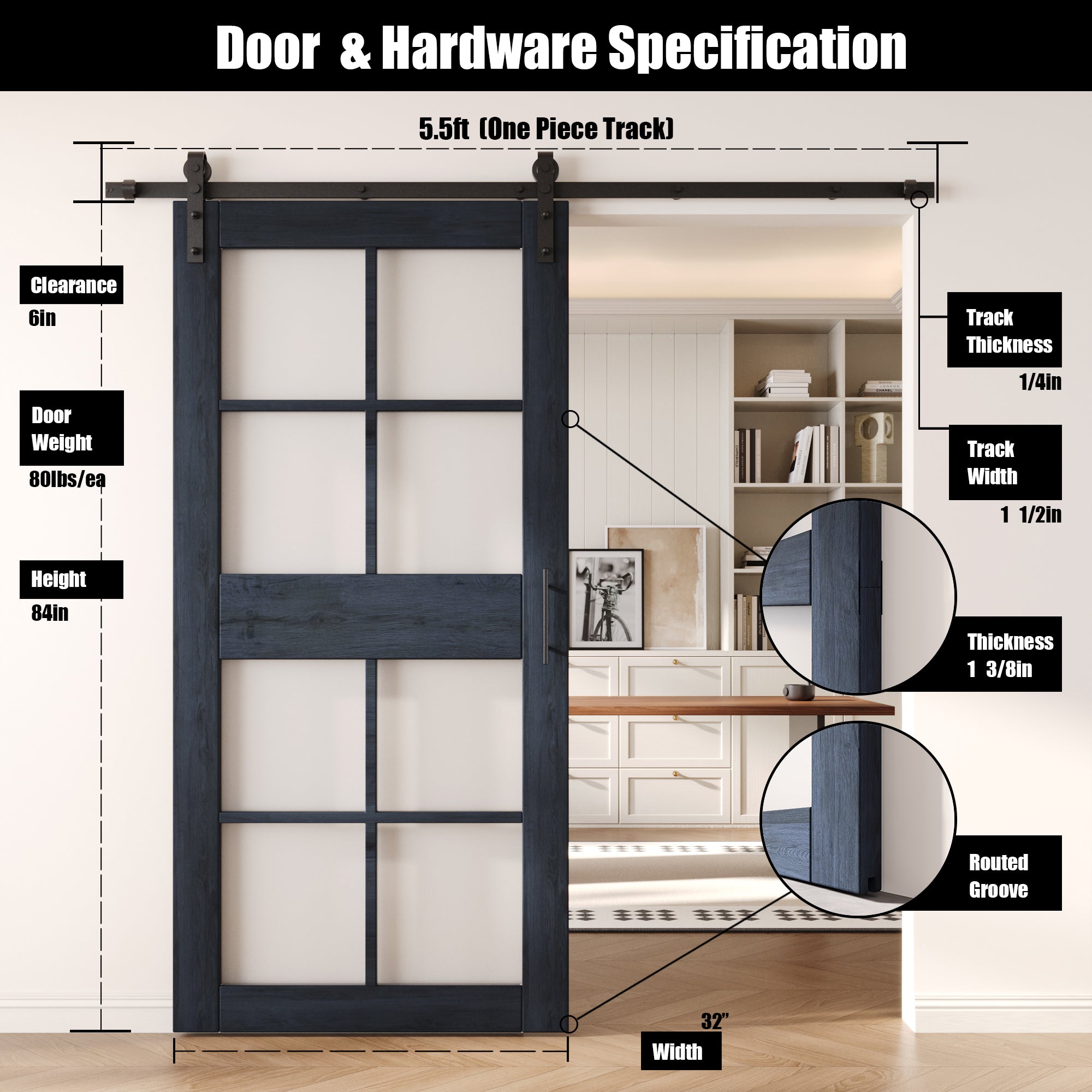 84" Height Navy 8-Lite Frosted Glass Unassembled & Finished Pine Wood Barn Door with Non-Bypass Installation Hardware Kit (Interior Use Only)