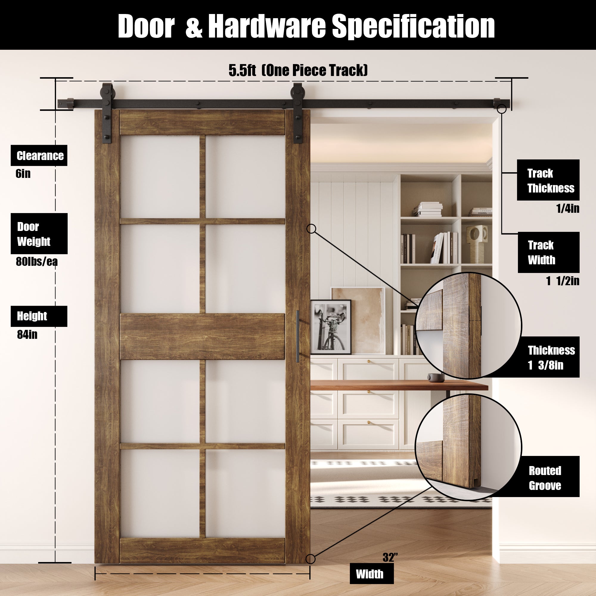 84" Height Dark Walnut 8-Lite Frosted Glass Unassembled & Finished Pine Wood Barn Door with Non-Bypass Installation Hardware Kit (Interior Use Only)