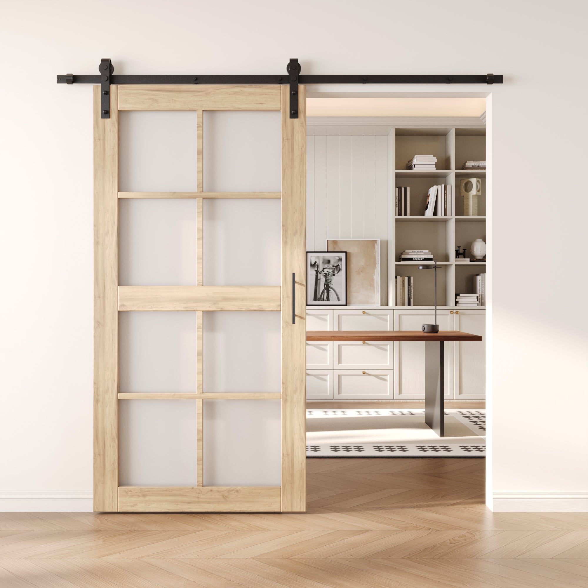80" Height 8-Lite Frosted Glass Unassembled & Unfinished Pine Wood Barn Door with Non-Bypass Installation Hardware Kit (Interior Use Only)