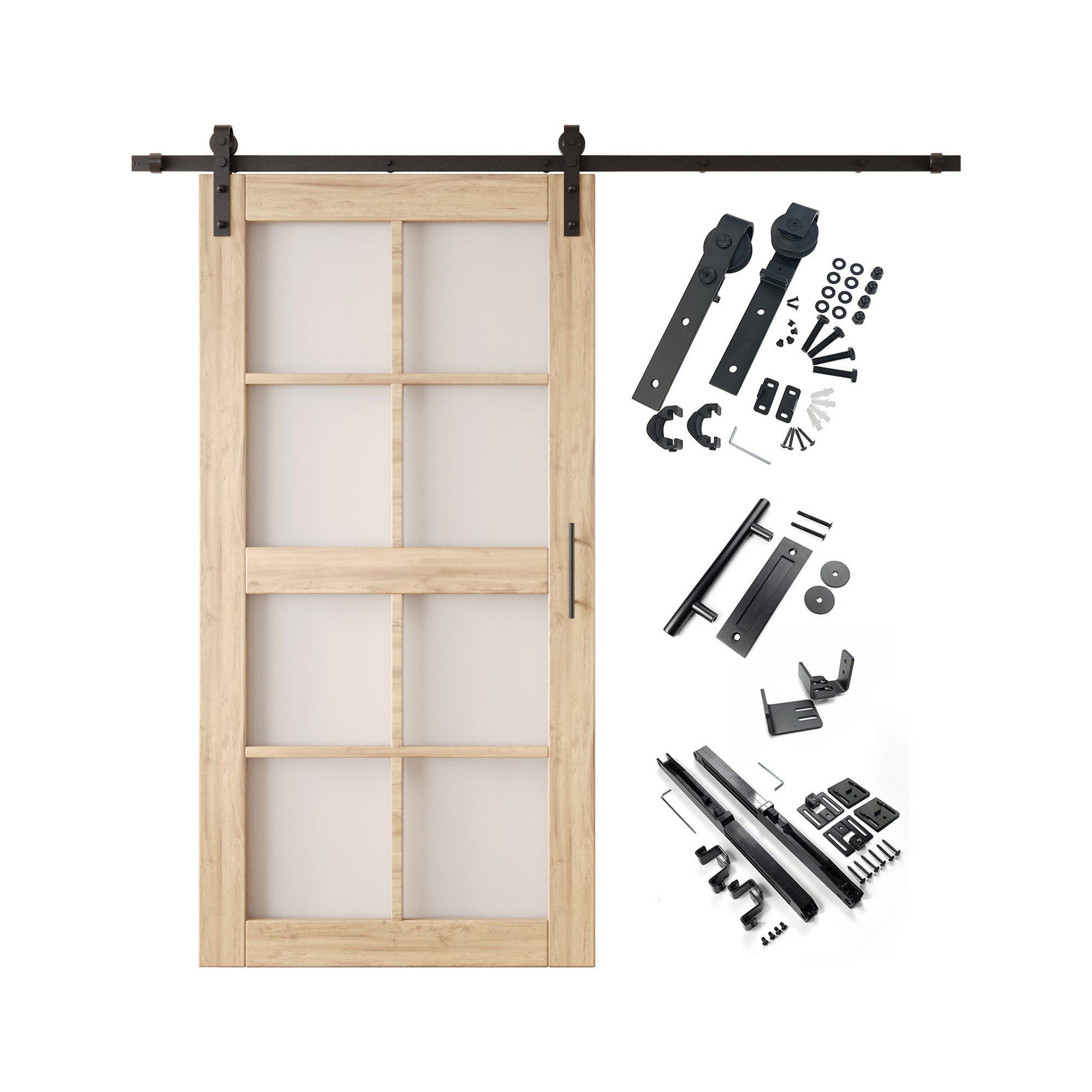 80" Height 8-Lite Frosted Glass Unassembled & Unfinished Pine Wood Barn Door with Non-Bypass Installation Hardware Kit (Interior Use Only)