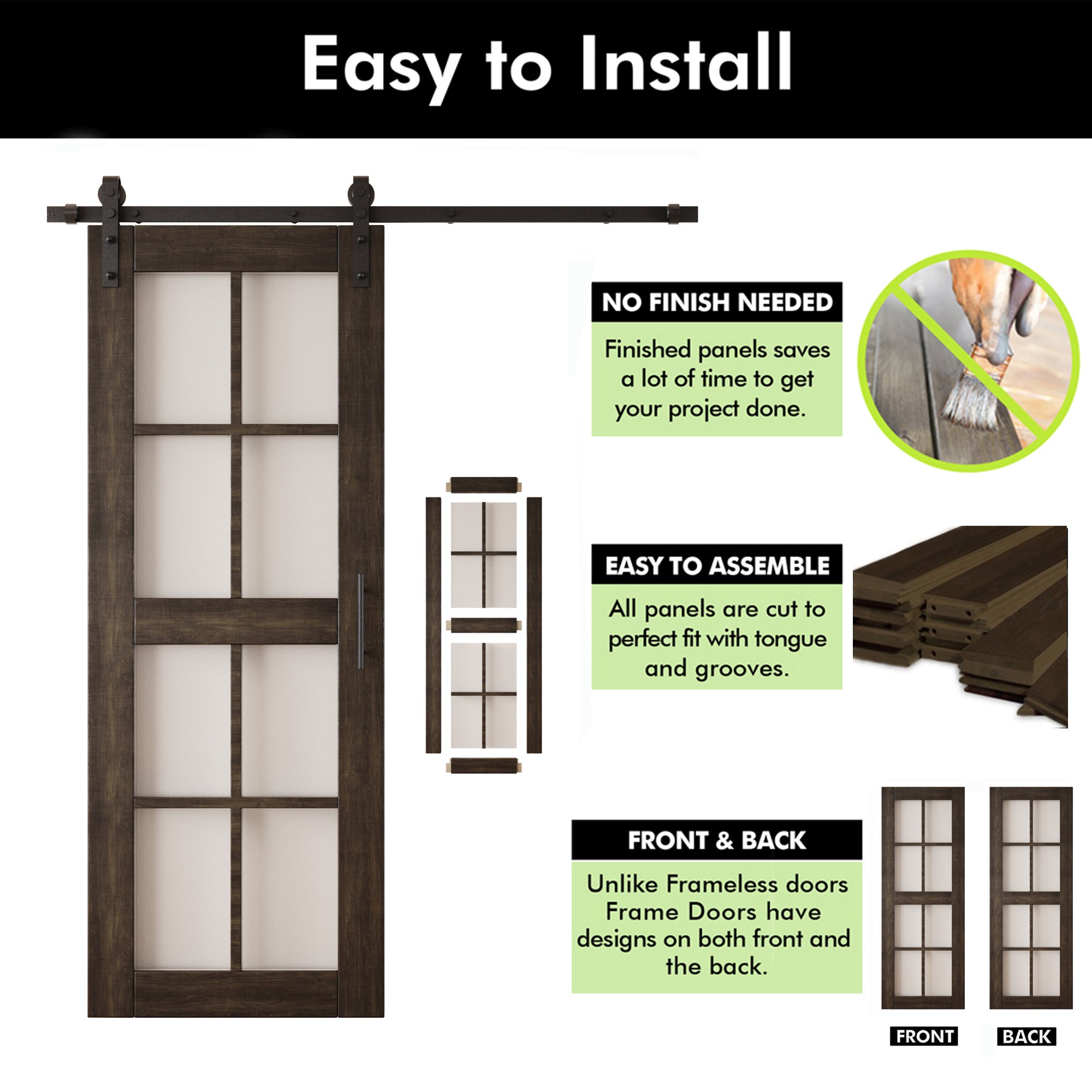 80" Height Ebony 8-Lite Frosted Glass Unassembled & Finished Pine Wood Barn Door with Non-Bypass Installation Hardware Kit (Interior Use Only)