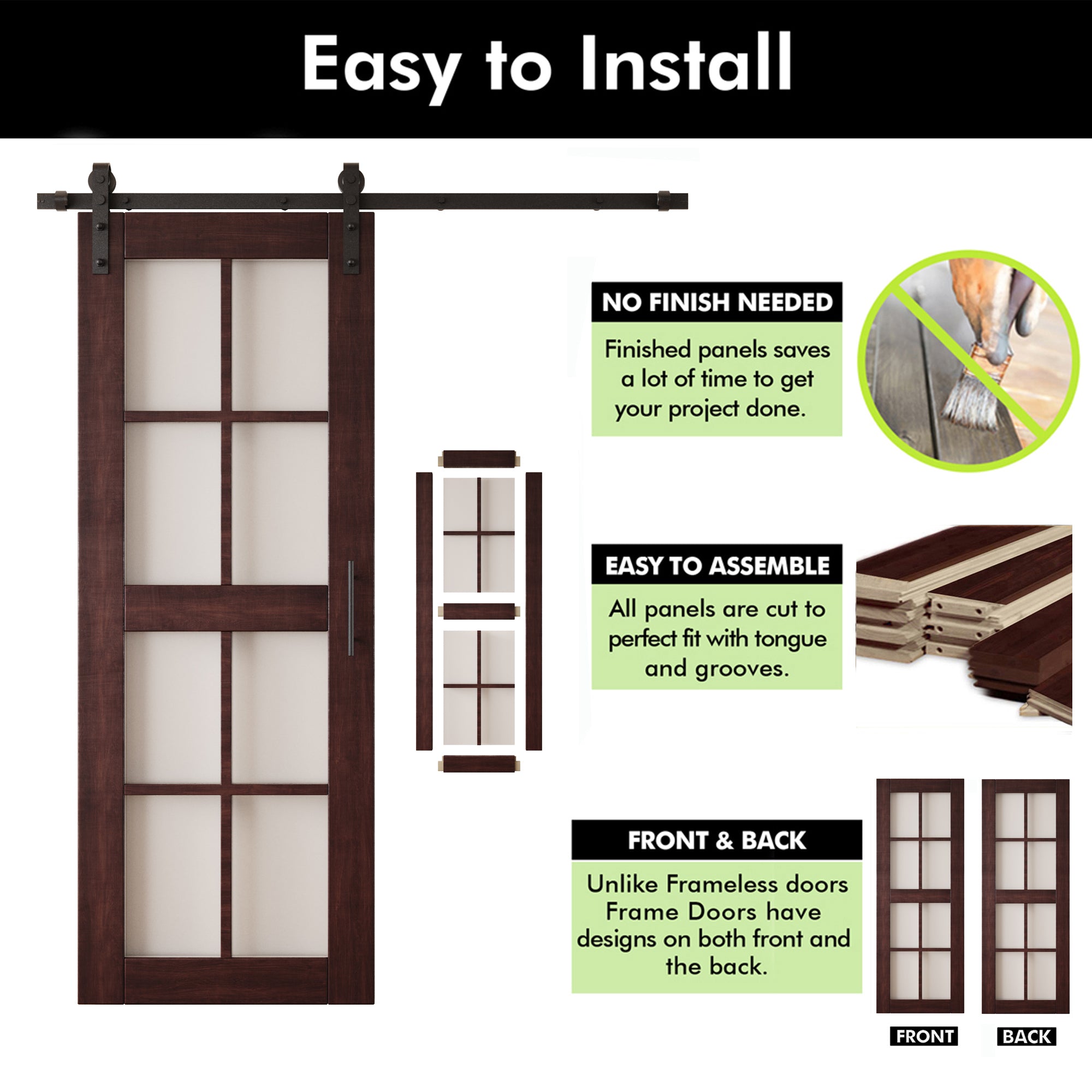 80" Height Red Mahogany 8-Lite Frosted Glass Unassembled & Finished Pine Wood Barn Door with Non-Bypass Installation Hardware Kit (Interior Use Only)