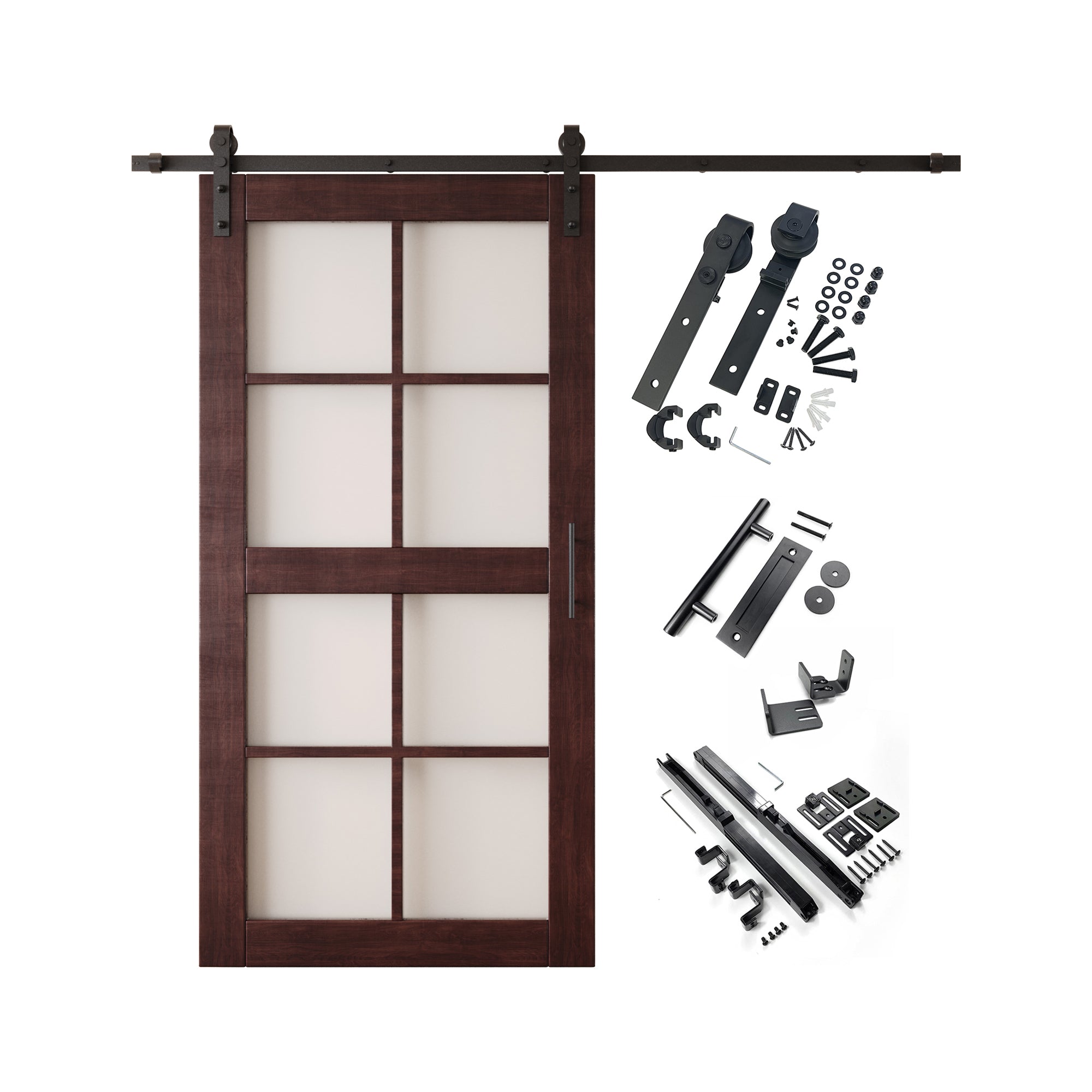 80" Height Red Mahogany 8-Lite Frosted Glass Unassembled & Finished Pine Wood Barn Door with Non-Bypass Installation Hardware Kit (Interior Use Only)
