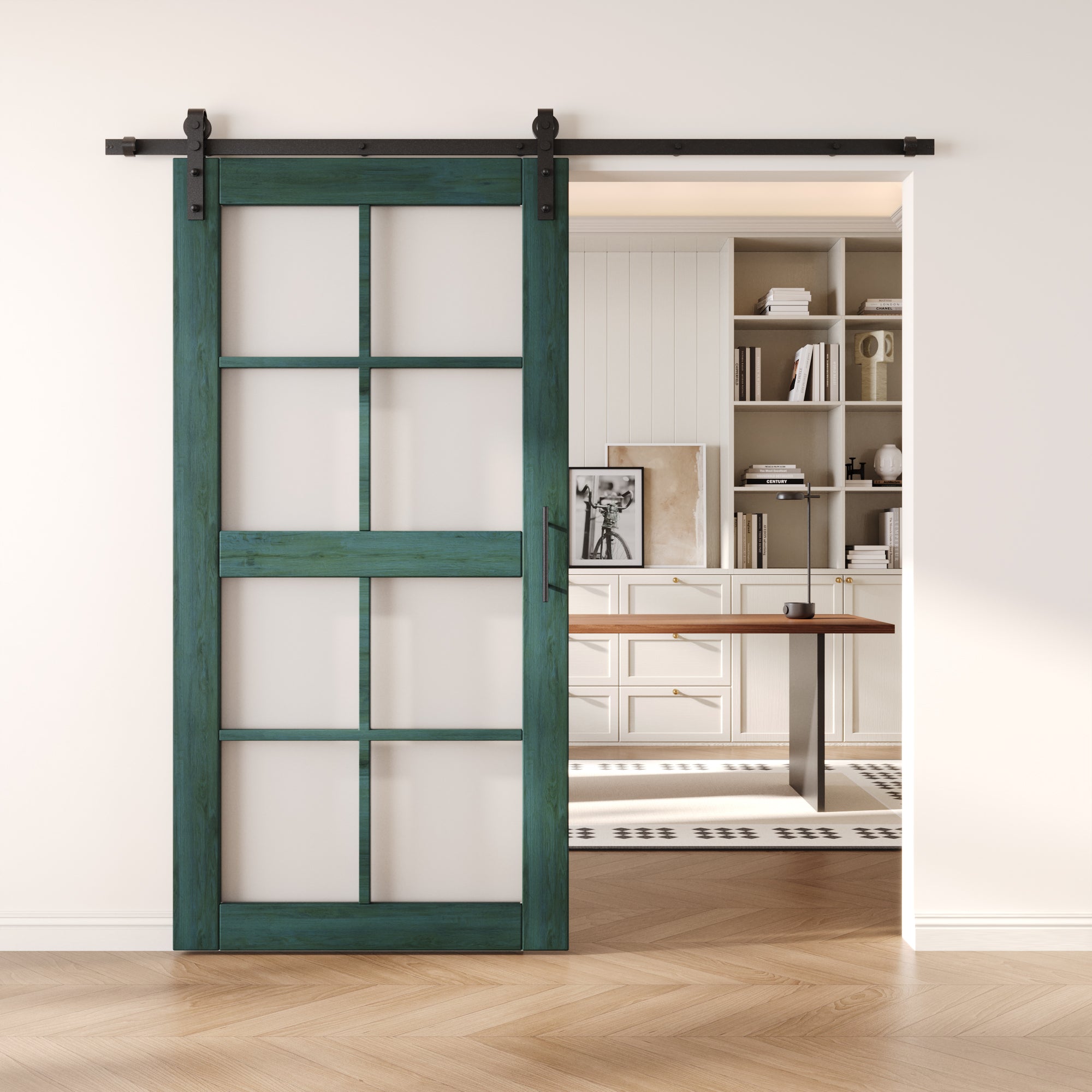 80" Height Royal Pine 8-Lite Frosted Glass Unassembled & Finished Pine Wood Barn Door with Non-Bypass Installation Hardware Kit (Interior Use Only)