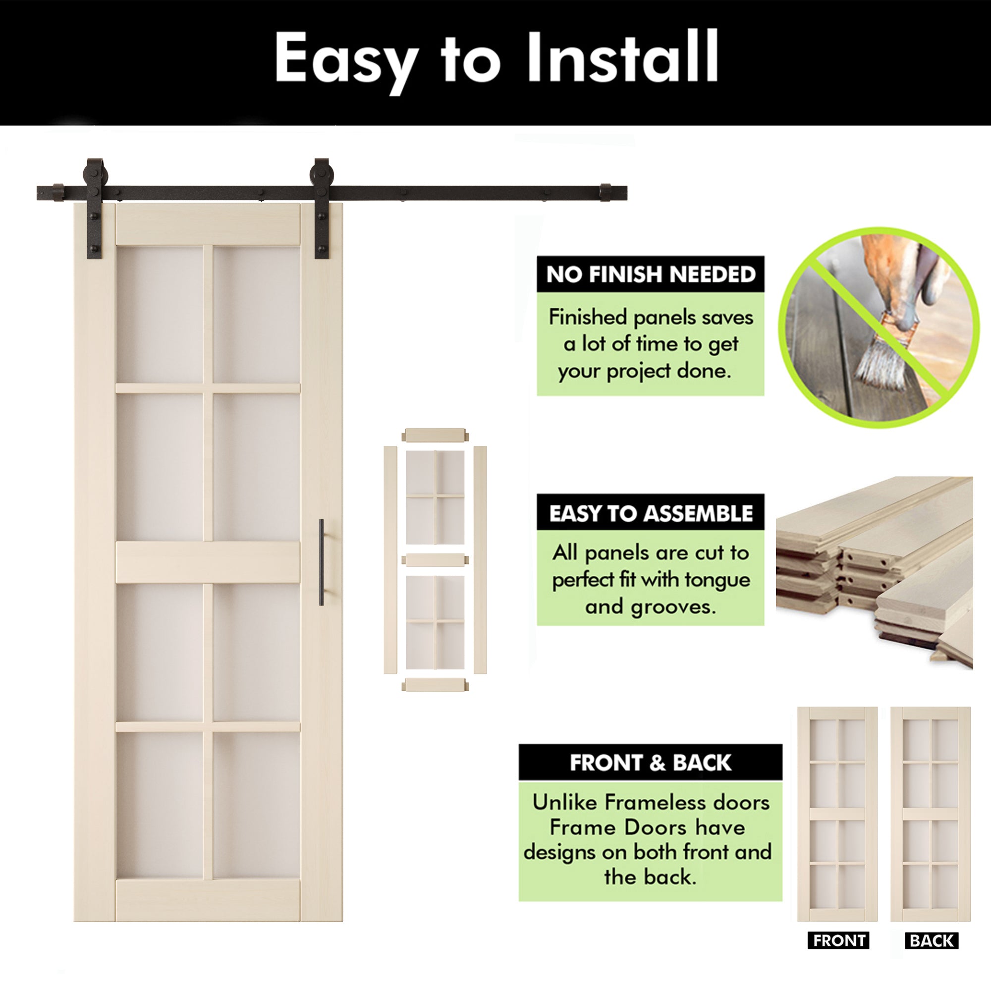 80" Height Tinsmith Gray 8-Lite Frosted Glass Unassembled & Finished Pine Wood Barn Door with Non-Bypass Installation Hardware Kit (Interior Use Only)