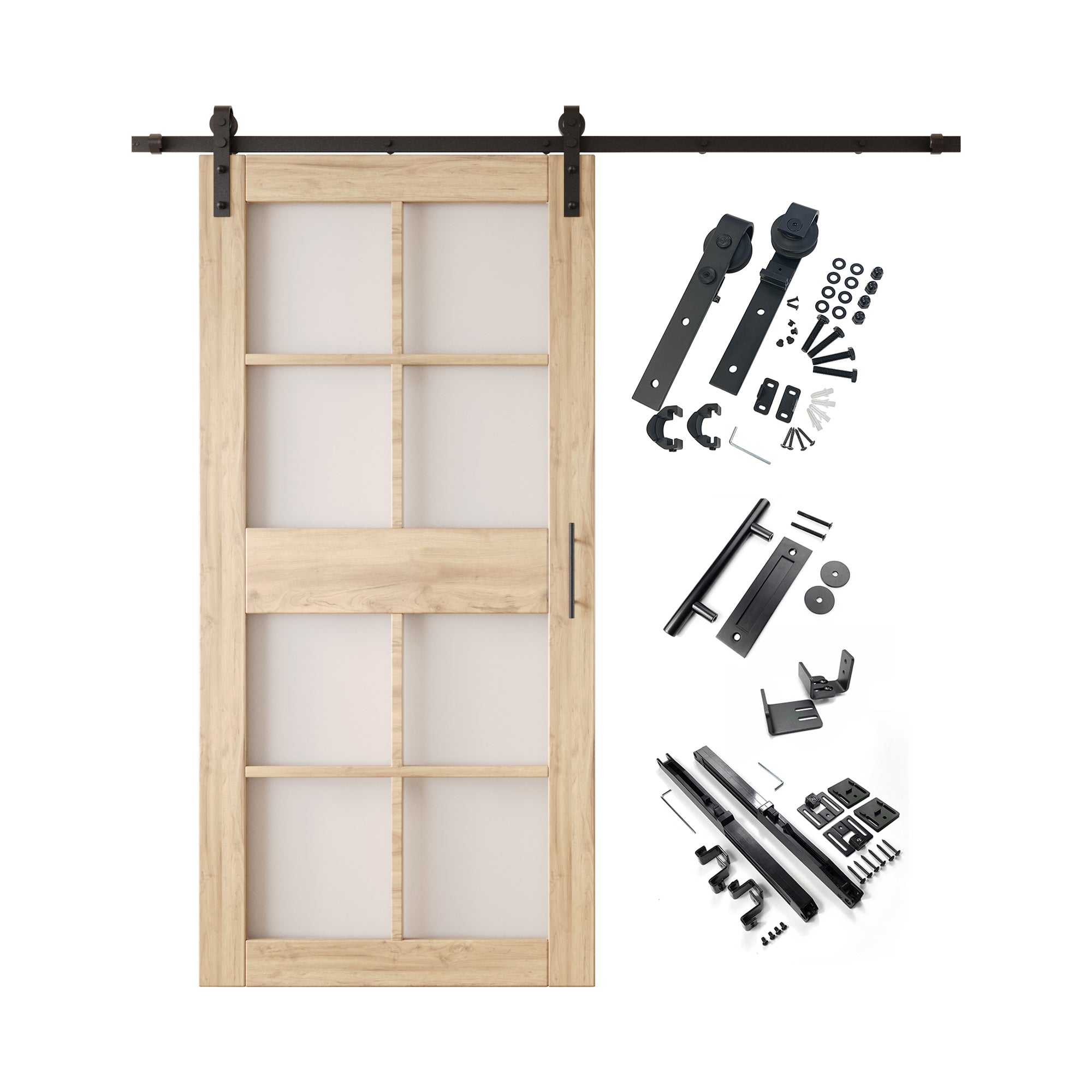 84" Height 8-Lite Frosted Glass Unassembled & Unfinished Pine Wood Barn Door with Non-Bypass Installation Hardware Kit (Interior Use Only)