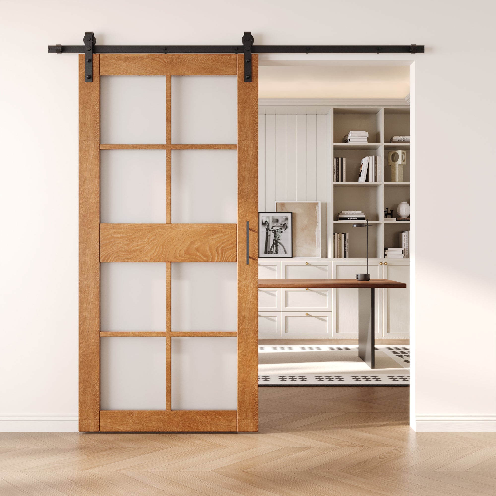 84" Height Early American 8-Lite Frosted Glass Unassembled & Finished Pine Wood Barn Door with Non-Bypass Installation Hardware Kit (Interior Use Only)
