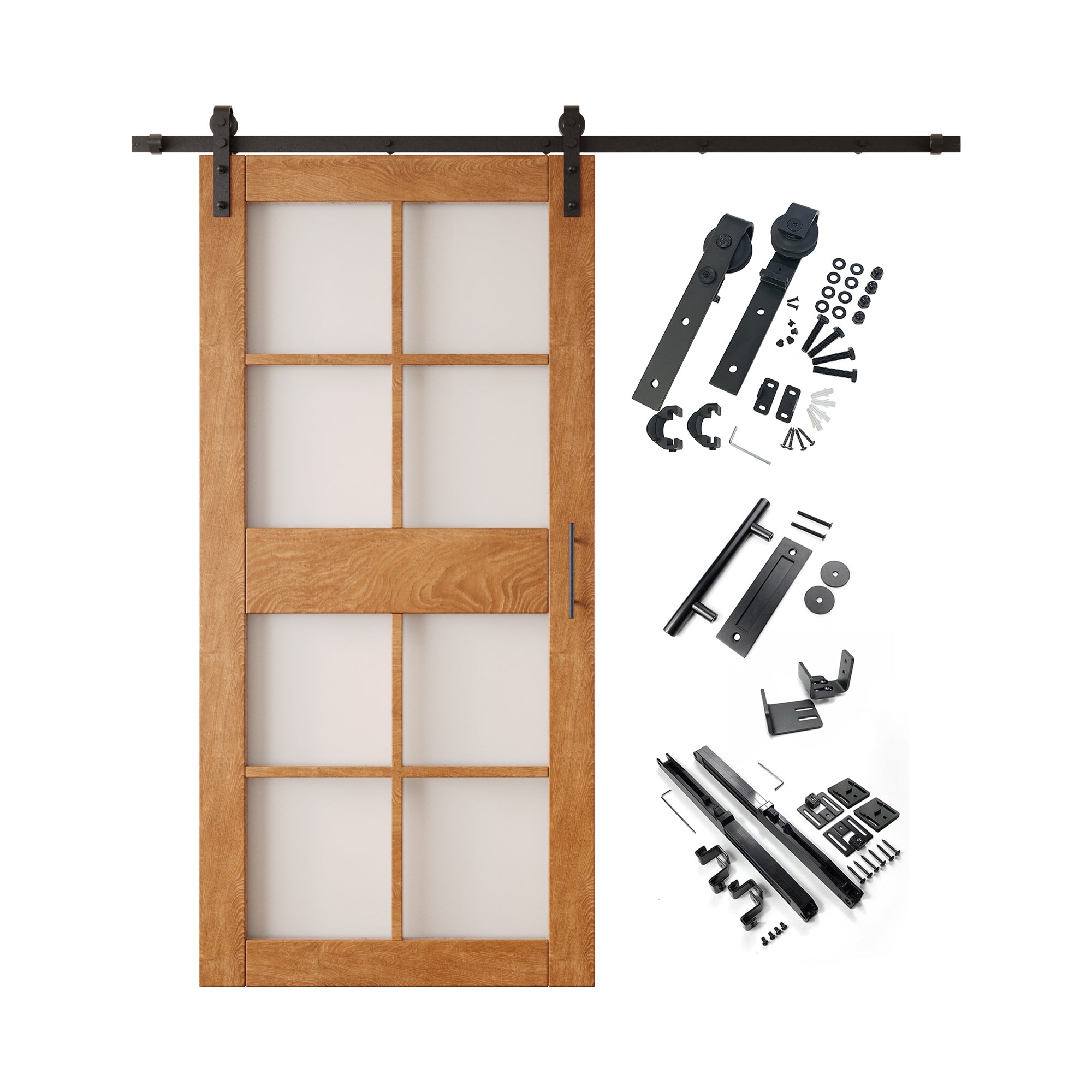 84" Height Early American 8-Lite Frosted Glass Unassembled & Finished Pine Wood Barn Door with Non-Bypass Installation Hardware Kit (Interior Use Only)